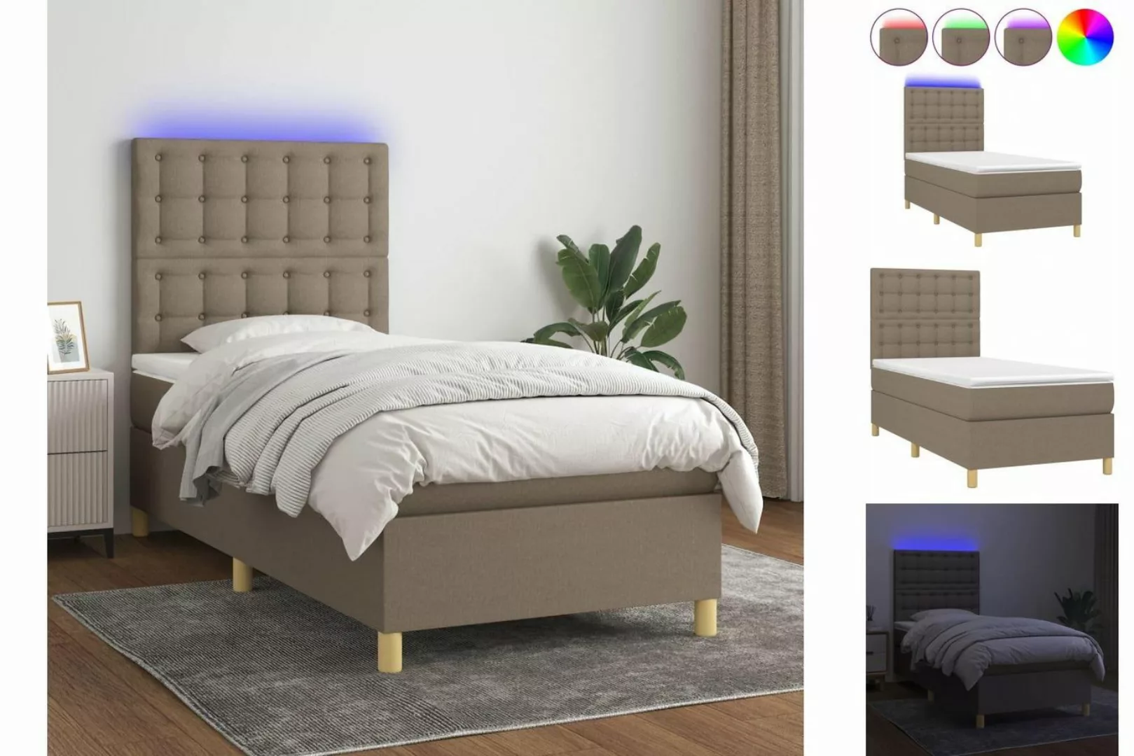 vidaXL Boxspringbett (90 x 200 cm, Knopfheftung Parallel, Taupe), mit LED günstig online kaufen