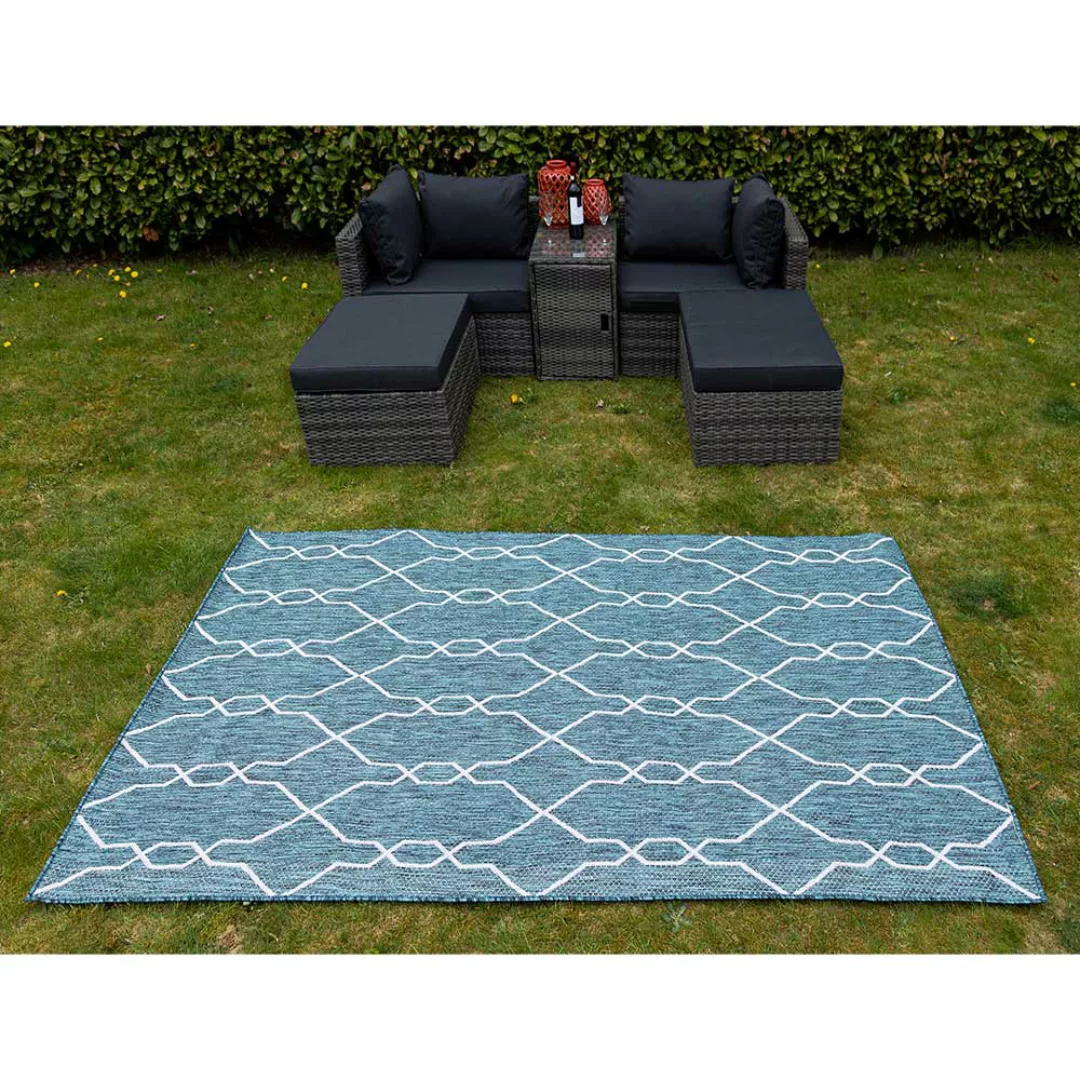 Wetterfester Teppich in Petrol und Cremefarben geometrischem Muster günstig online kaufen