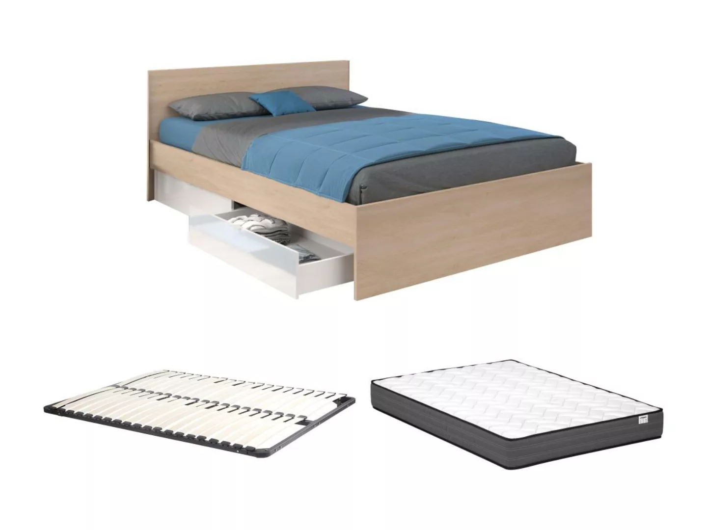 Bett mit 2 Schubladen 160 x 200 cm + Lattenrost + Matratze - Holzfarben & g günstig online kaufen