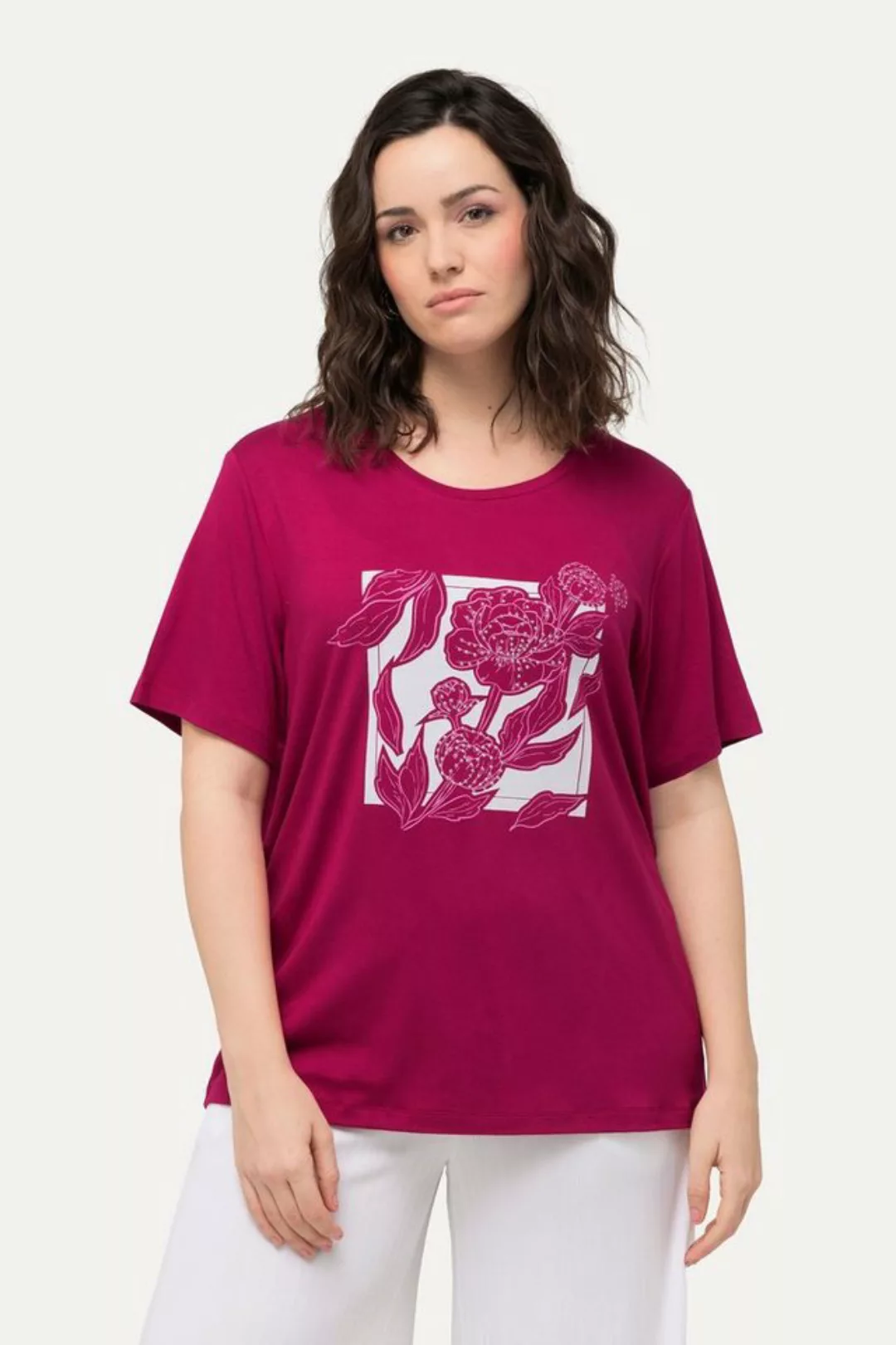 Ulla Popken Rundhalsshirt T-Shirt Blume Ziersteine Rundhals Halbarm günstig online kaufen