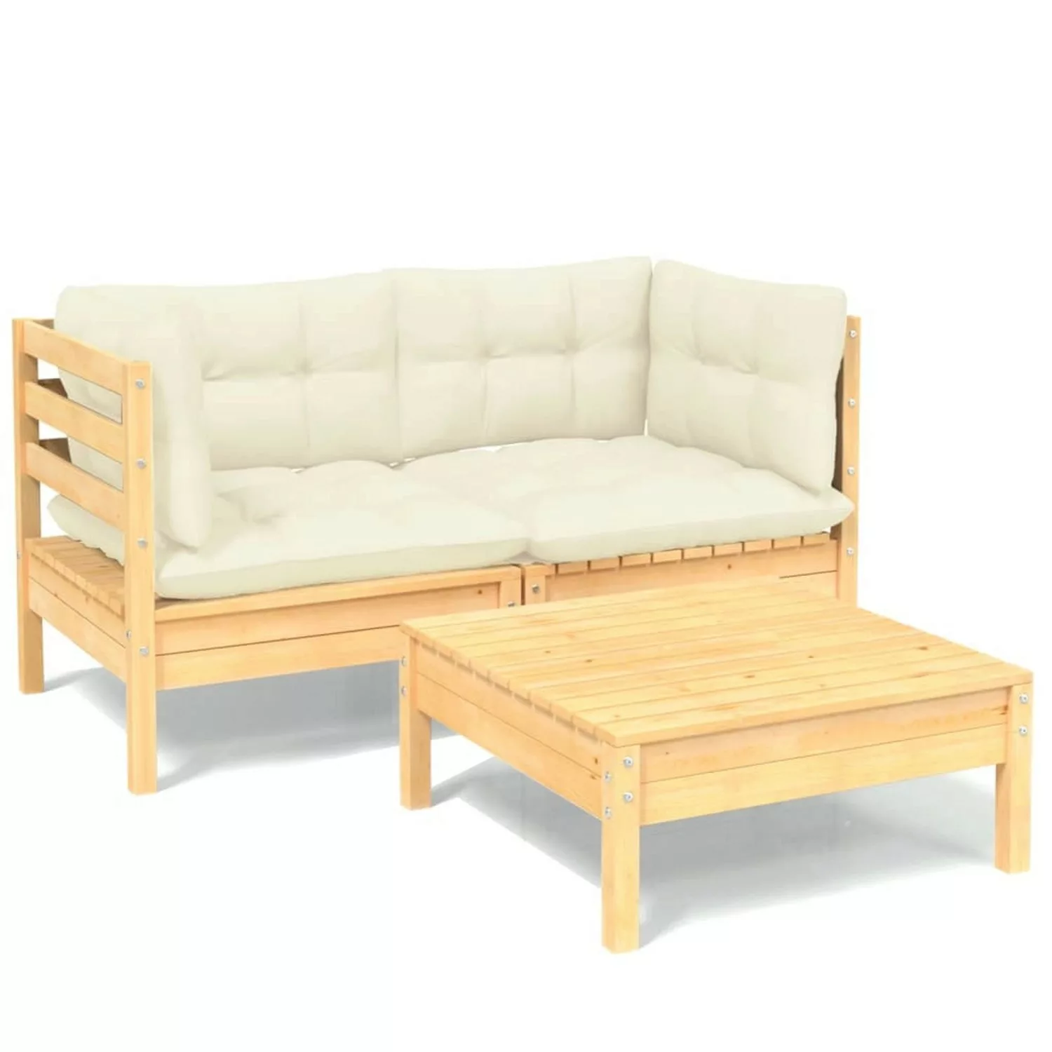 3-tlg. Garten-lounge-set Mit Creme Kissen Kiefernholz günstig online kaufen