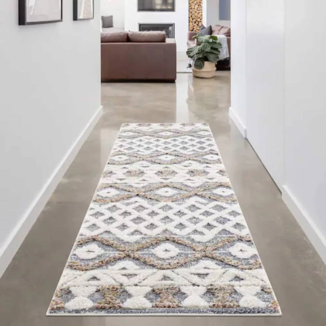 Carpet City Hochflor-Teppich »Focus 3013«, rund, Boho-Teppich, Rauten-Desig günstig online kaufen