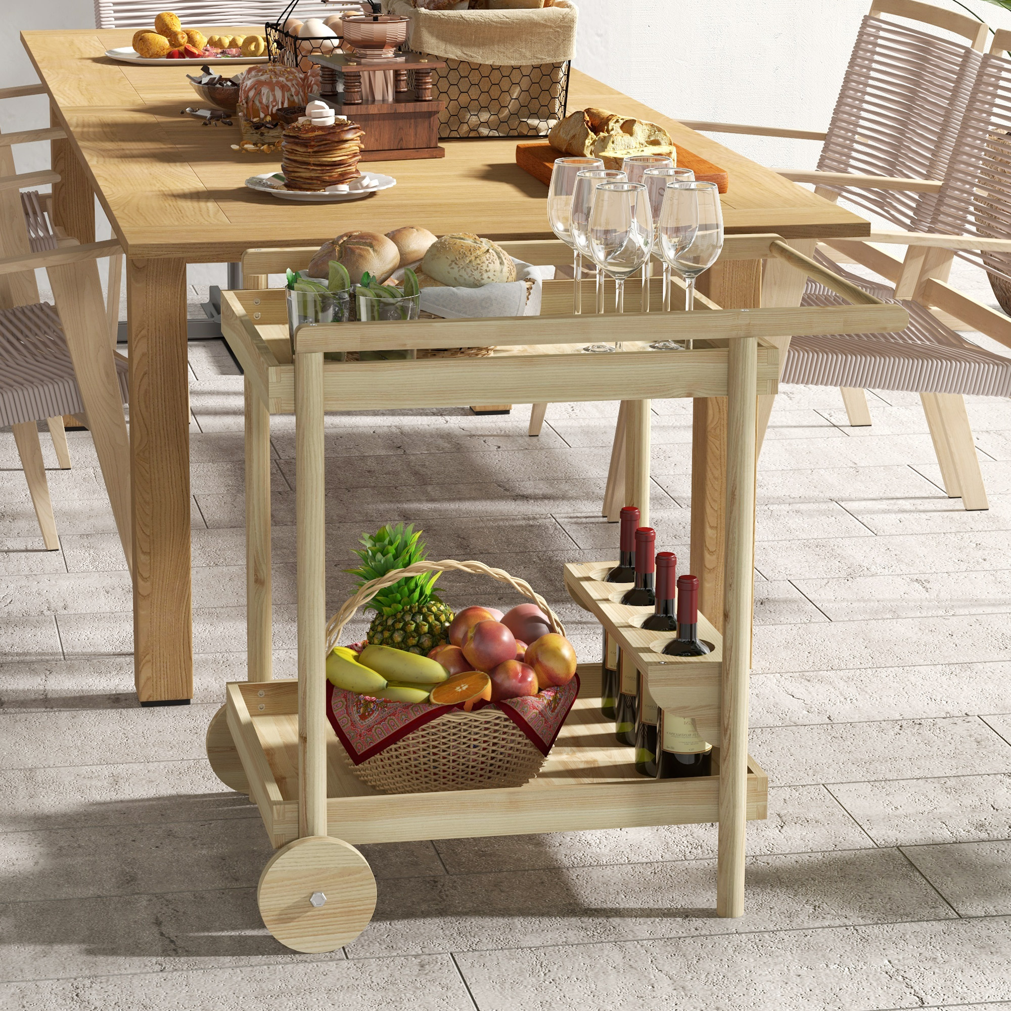 Outsunny Gartenservierwagen für Gasgrill Barbecue aus Holz mit Griff 2 Tabl günstig online kaufen