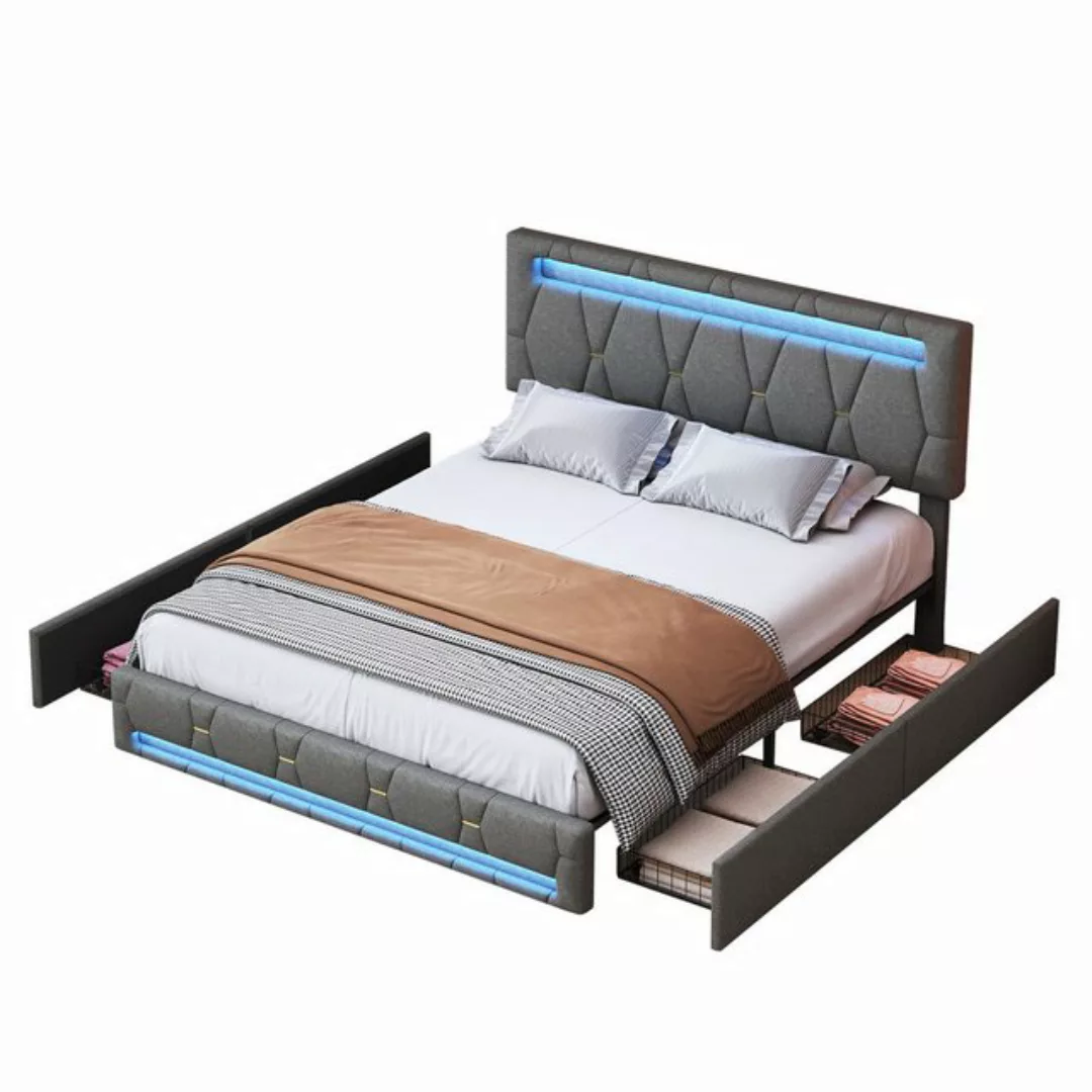 FUROKOY Polsterbett LED Licht Doppelbett Jugendbett, 140x200 cm, mit 4 Schu günstig online kaufen