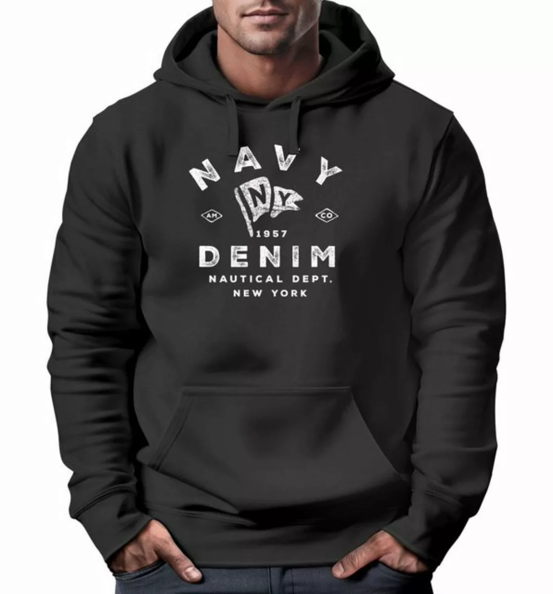 Neverless Hoodie Hoodie Herren vintage Motiv Schriftzug Navy Denim Nautical günstig online kaufen