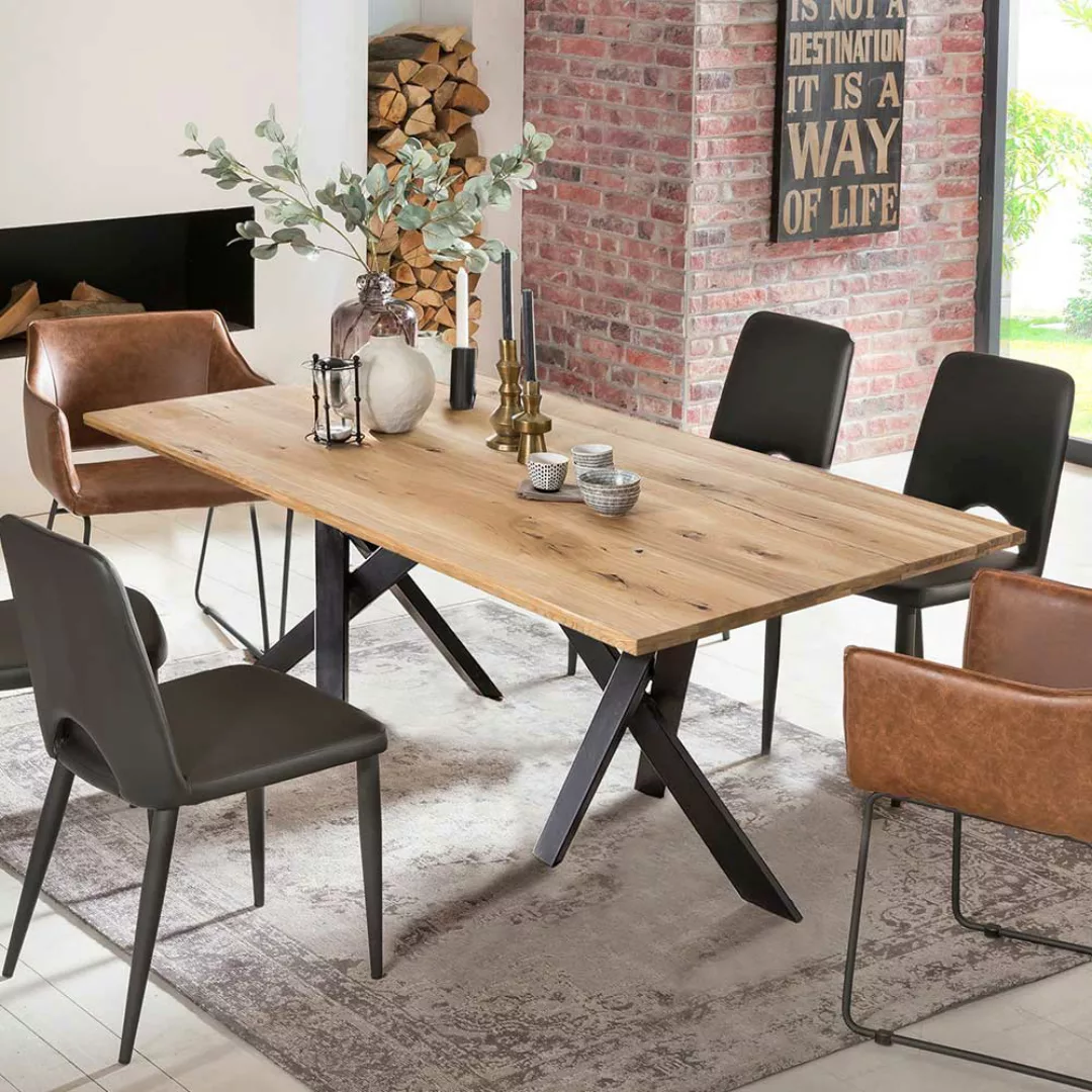 Rustikaler Tisch aus Wildeiche Massivholz Metall Sechsfußgestell günstig online kaufen