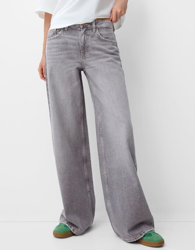 Bershka Wide-Leg-Jeans Damen 44 Grau günstig online kaufen