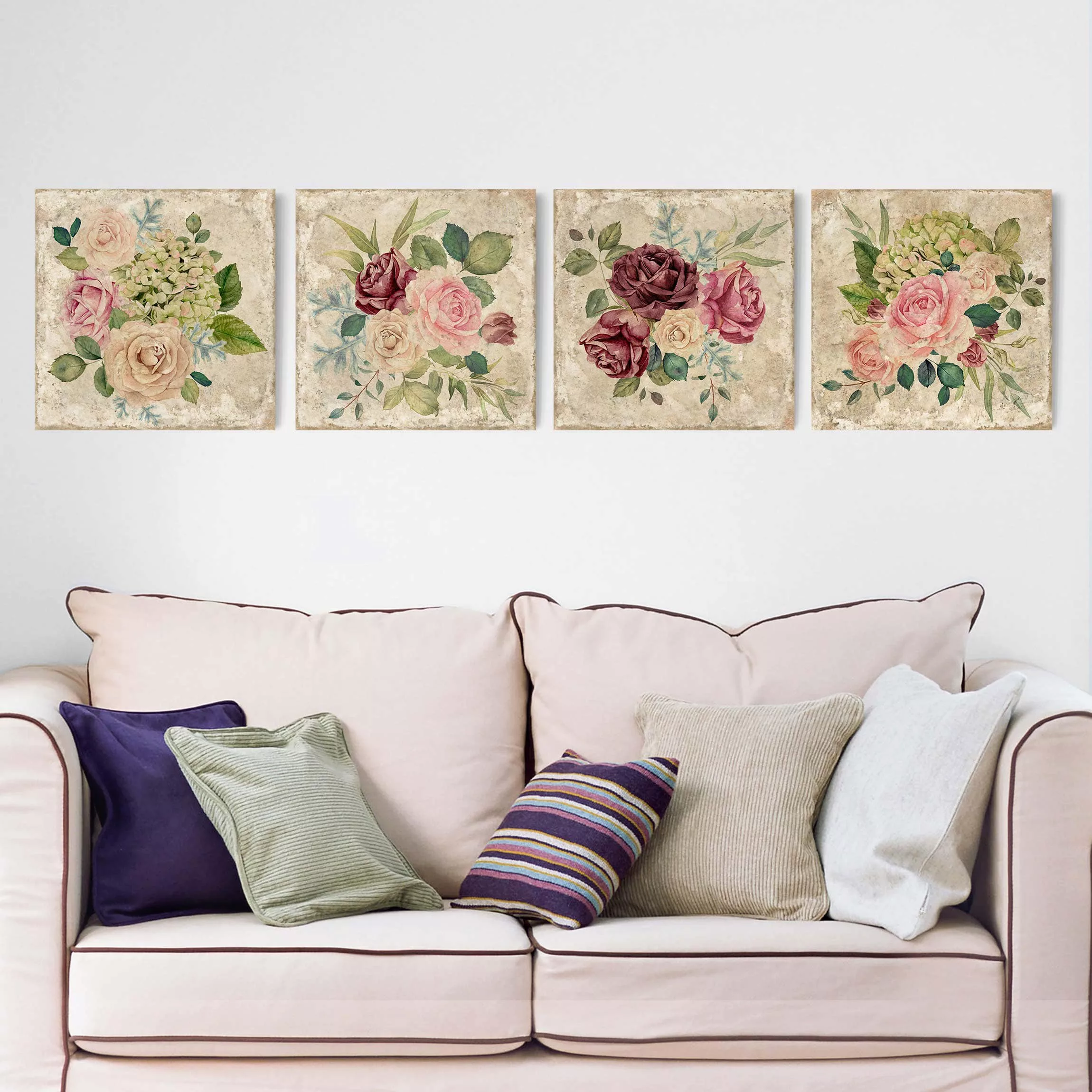 4-teiliges Leinwandbild Blumen - Quadrat Vintage Rosen und Hortensien günstig online kaufen