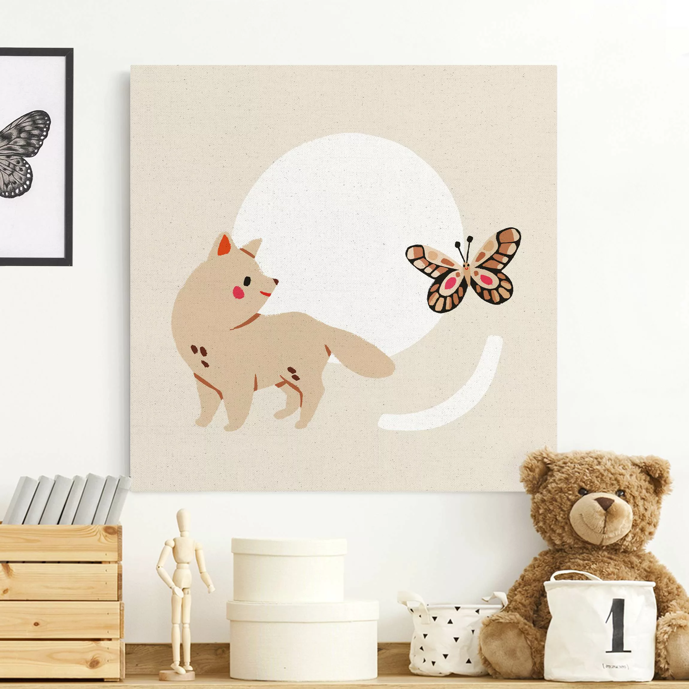 Leinwandbild auf Naturcanvas Süße Tierillustration - Katze und Schmetterlin günstig online kaufen