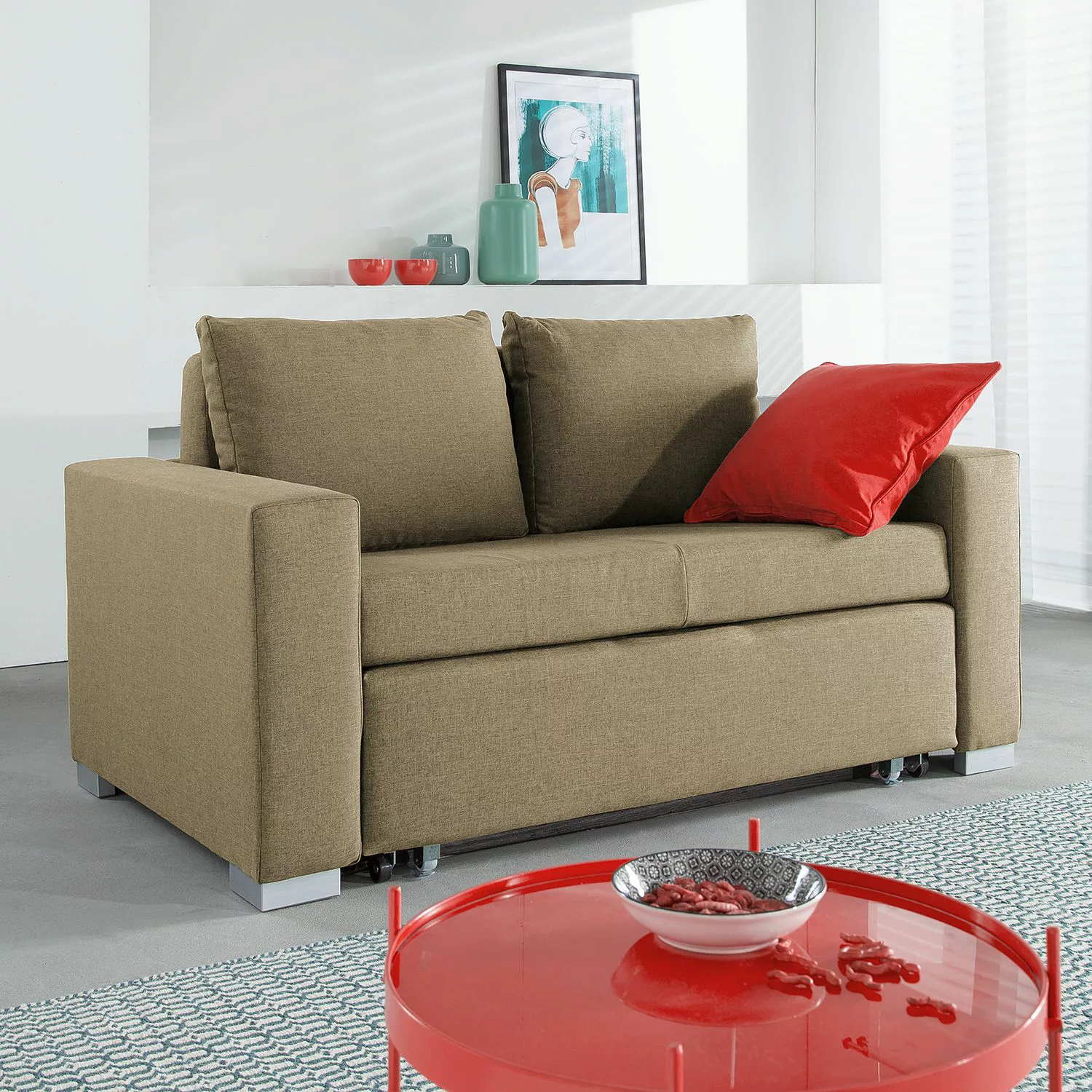 home24 mooved Schlafsofa Latina 2-Sitzer Sand Webstoff 150x90x90 cm (BxHxT) günstig online kaufen