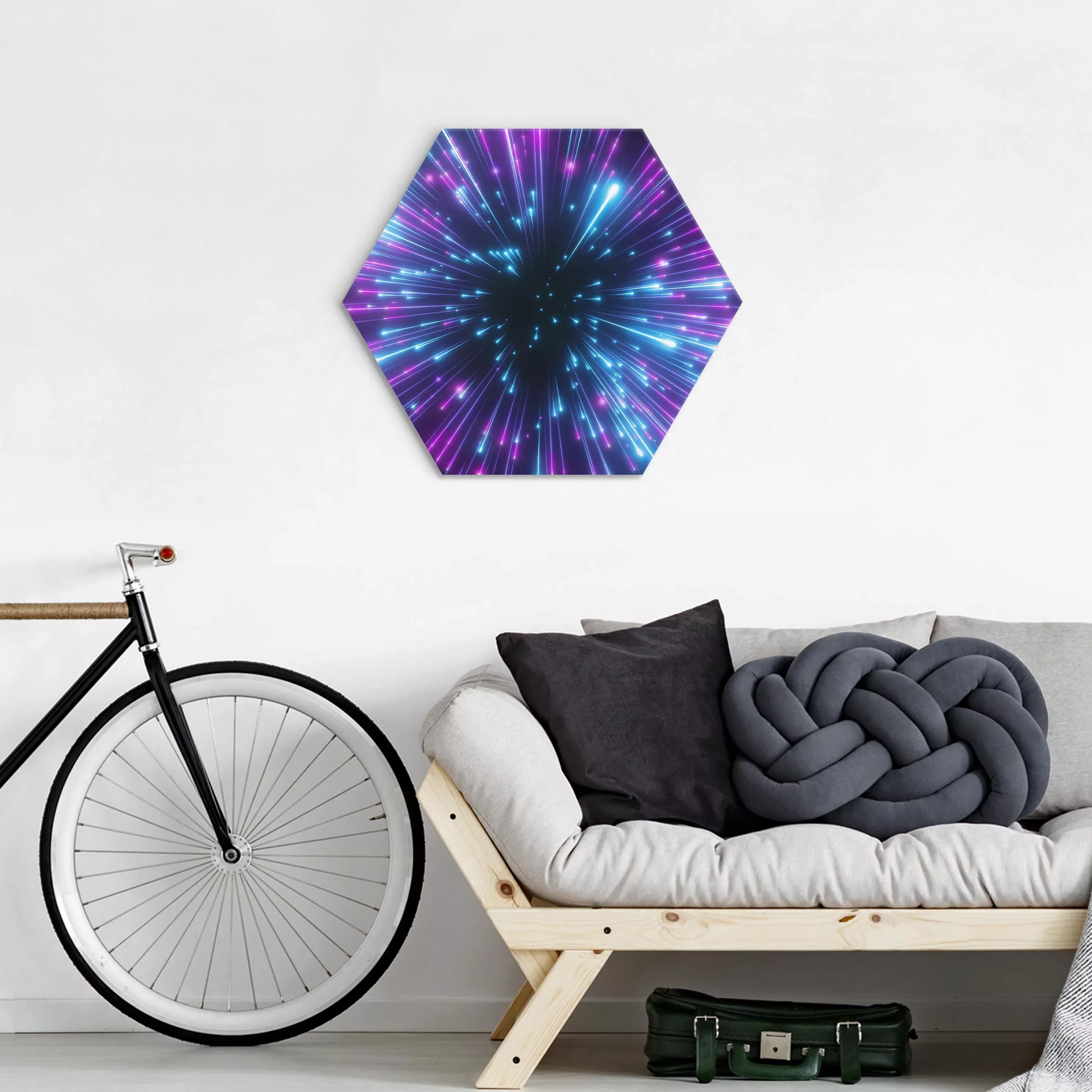 Hexagon-Alu-Dibond Bild Neon Feuerwerk günstig online kaufen