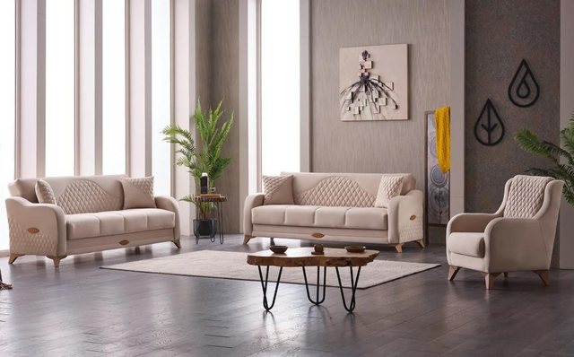 JVmoebel Sofa Komplette Couchgarnitur Stoffsofa Polstersofa Beige Set Couch günstig online kaufen