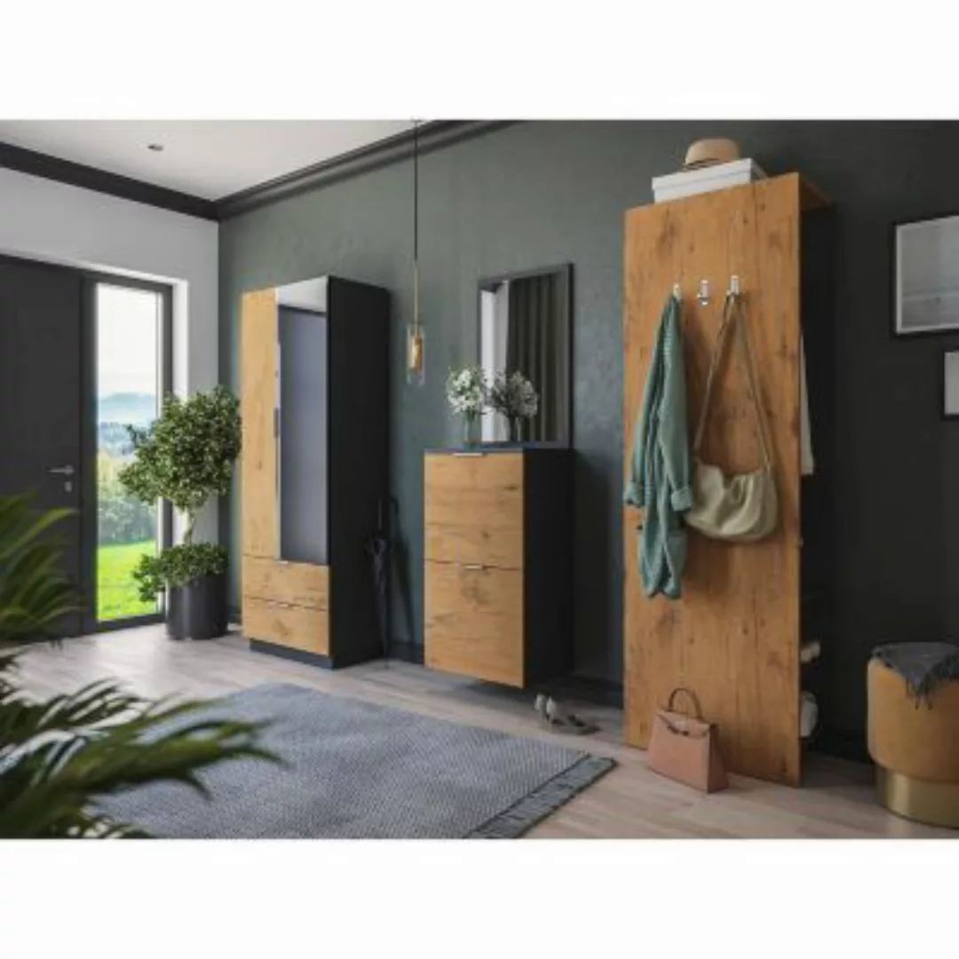 Lomadox Garderoben Set Oak RENO-02-M 4-teilig Flurschrank Paneel Spiegel Ki günstig online kaufen
