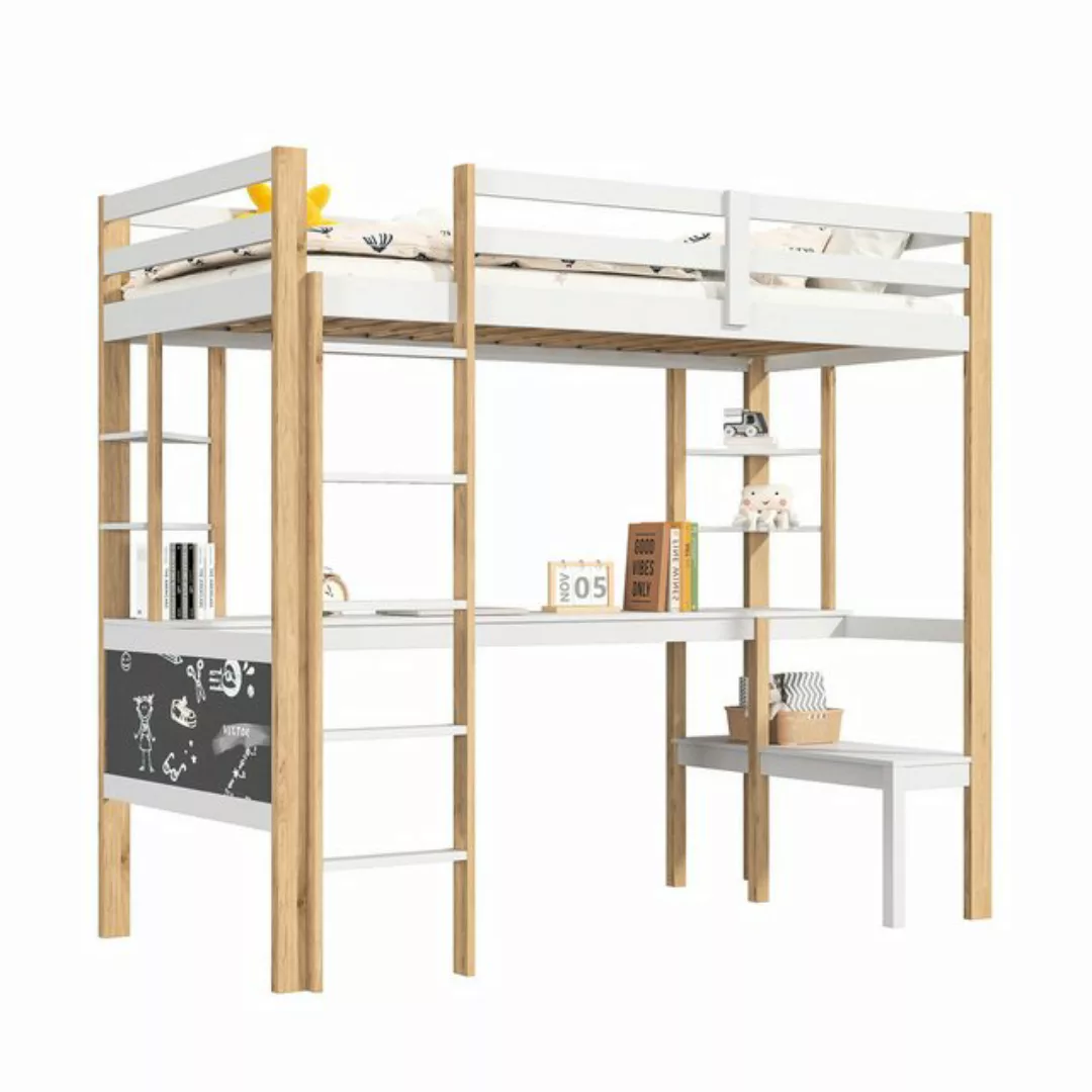 FUROKOY Hochbett Kinderbett Einzelbett 90x200 cm mit Schreibtisch und Büche günstig online kaufen