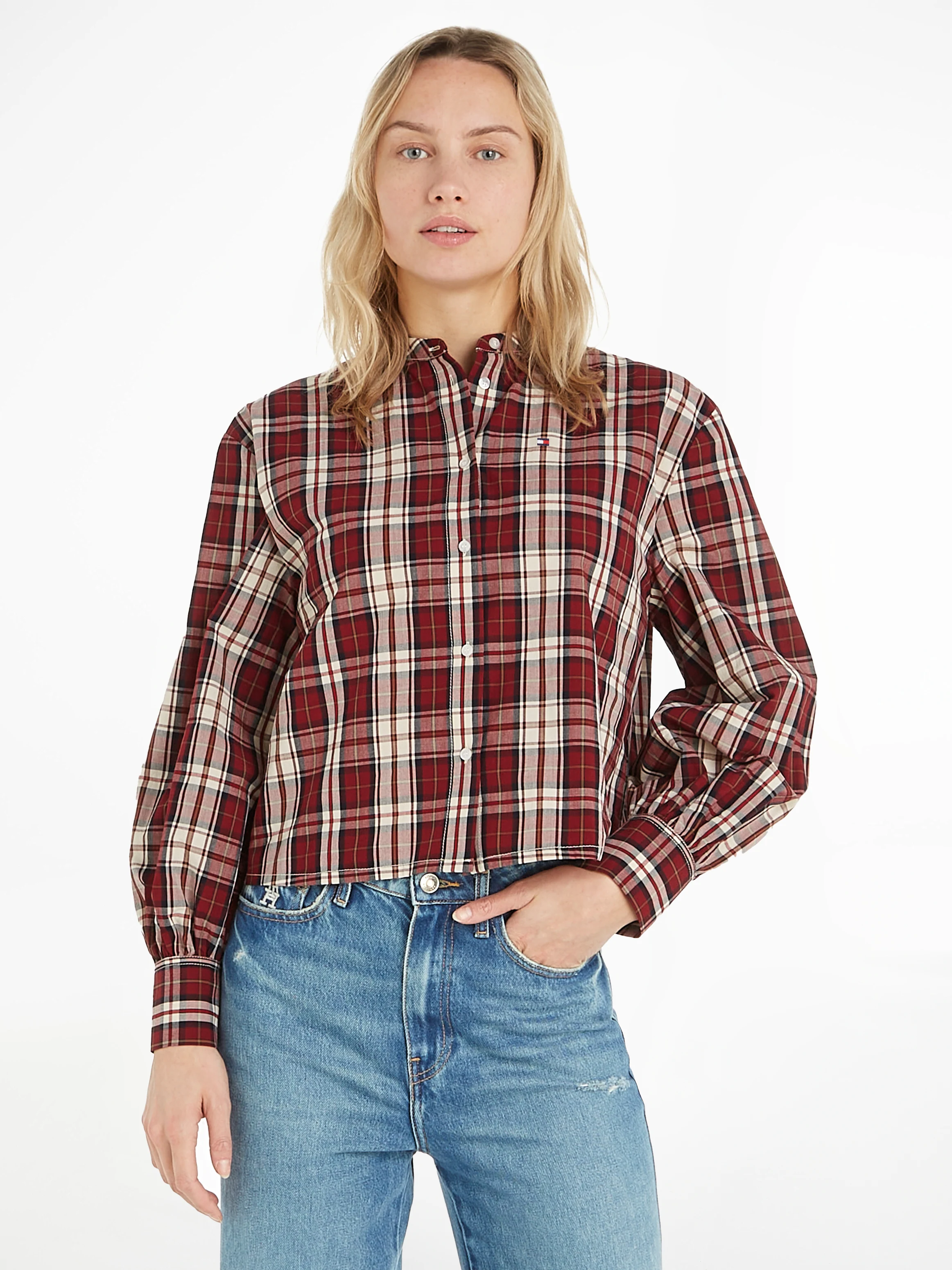 Tommy Hilfiger Langarmbluse "TARTAN CO COLLARLESS SHIRT", mit Metalllabel günstig online kaufen