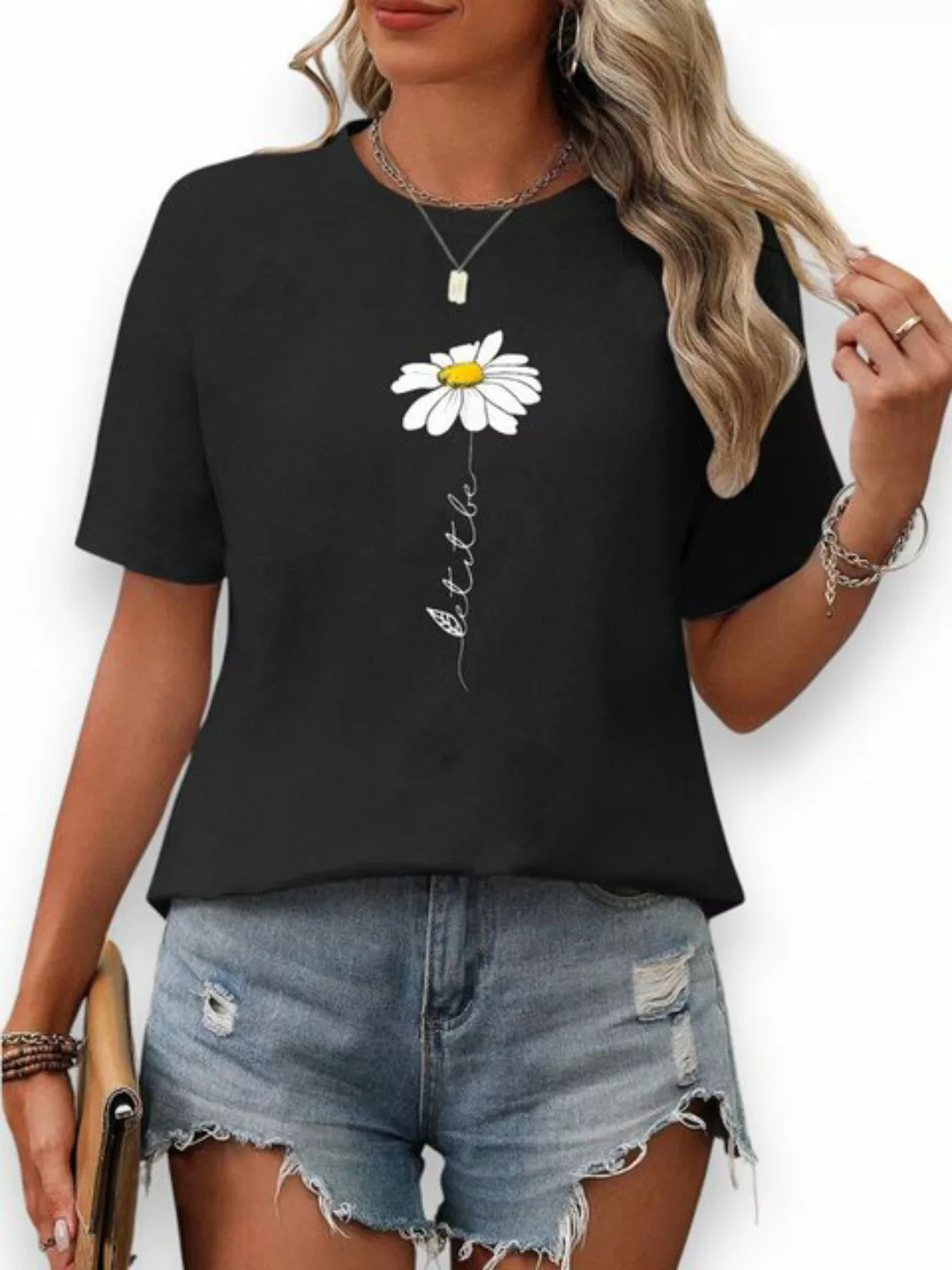 PYL Kurzarmshirt Damen Sommer Casual T-Shirt mit Gänseblümchen Print Tee günstig online kaufen