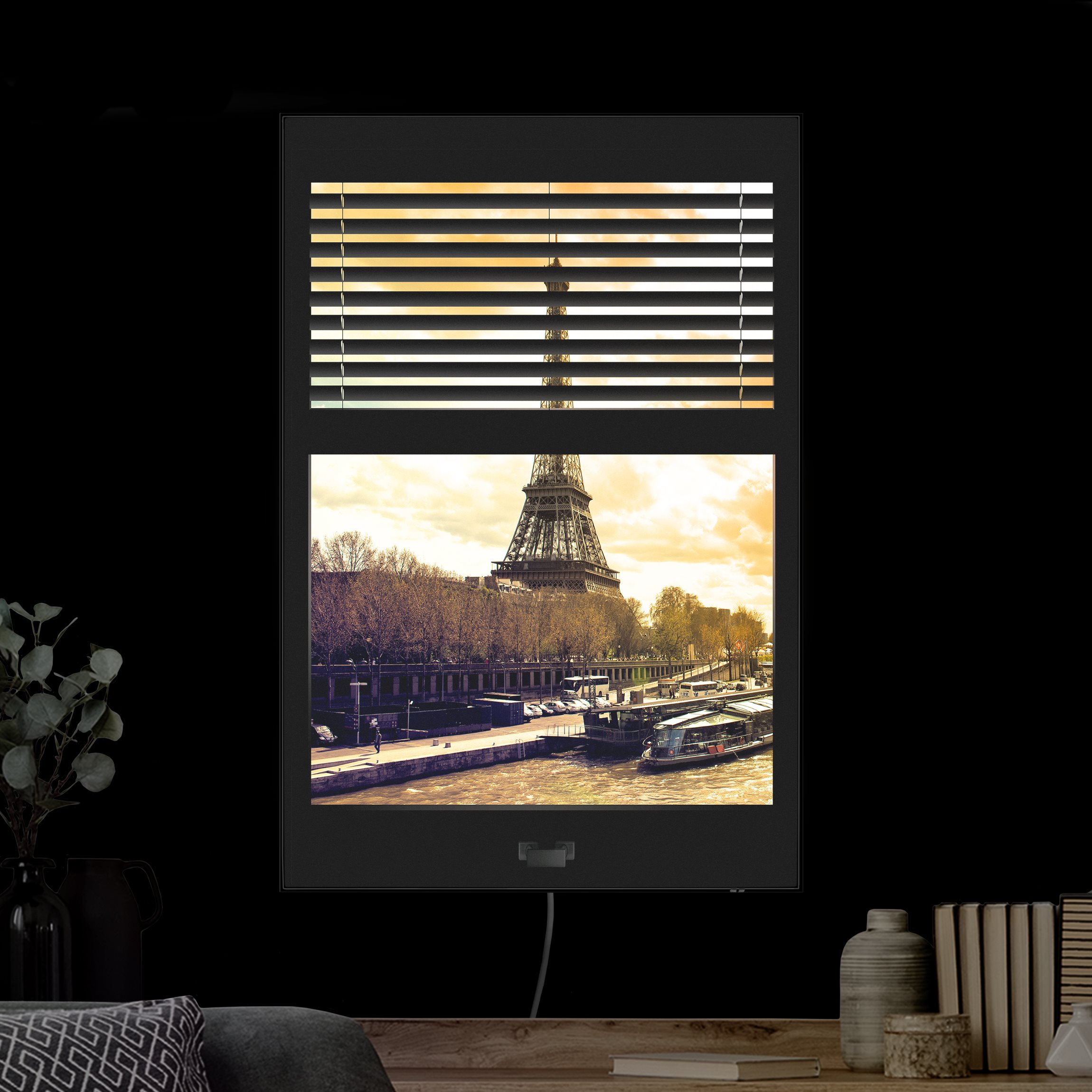 LED-Wechselbild Fensterausblick Jalousie - Paris Eiffelturm Sonnenuntergang günstig online kaufen