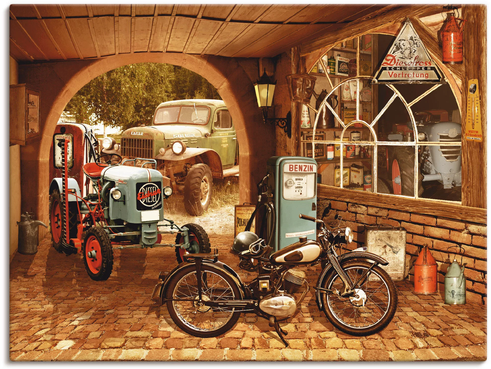 Artland Wandbild "Werkstatt mit Traktor und Motorrad", Traktoren, (1 St.) günstig online kaufen