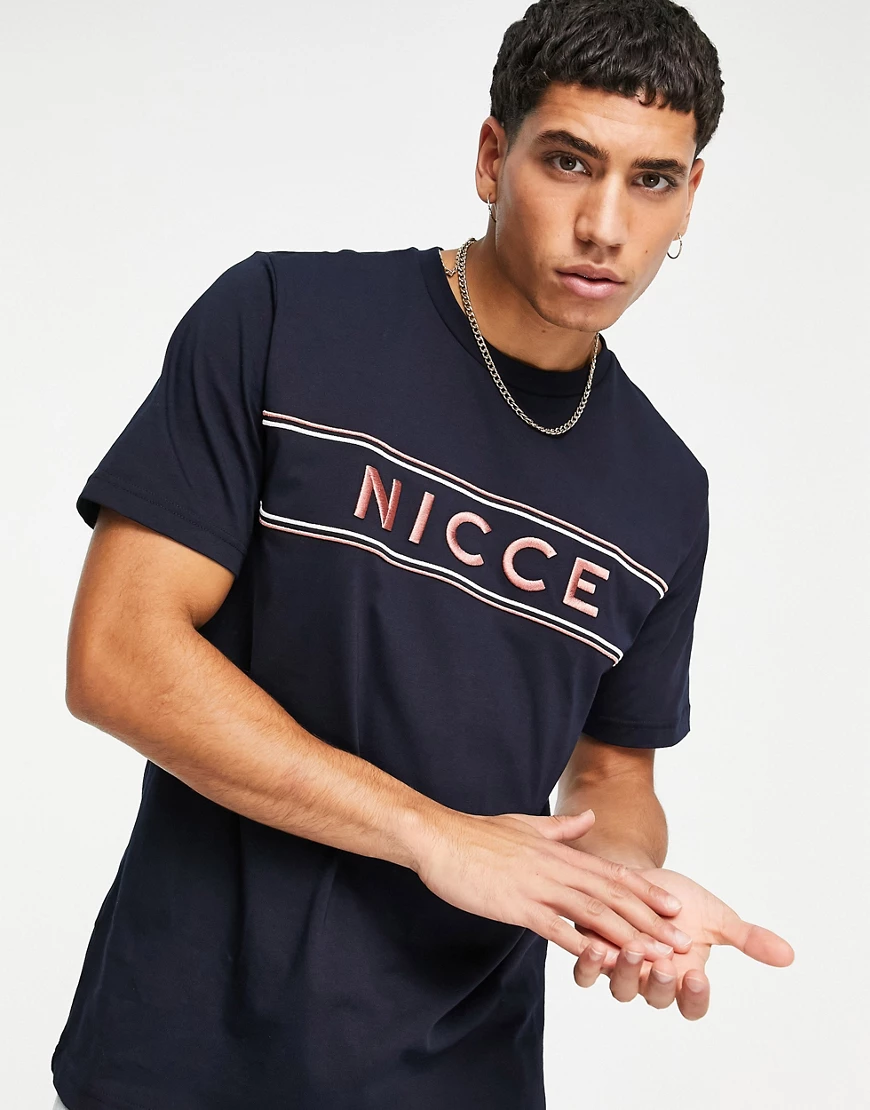 Nicce – Cedar – Besticktes T-Shirt in Marineblau günstig online kaufen