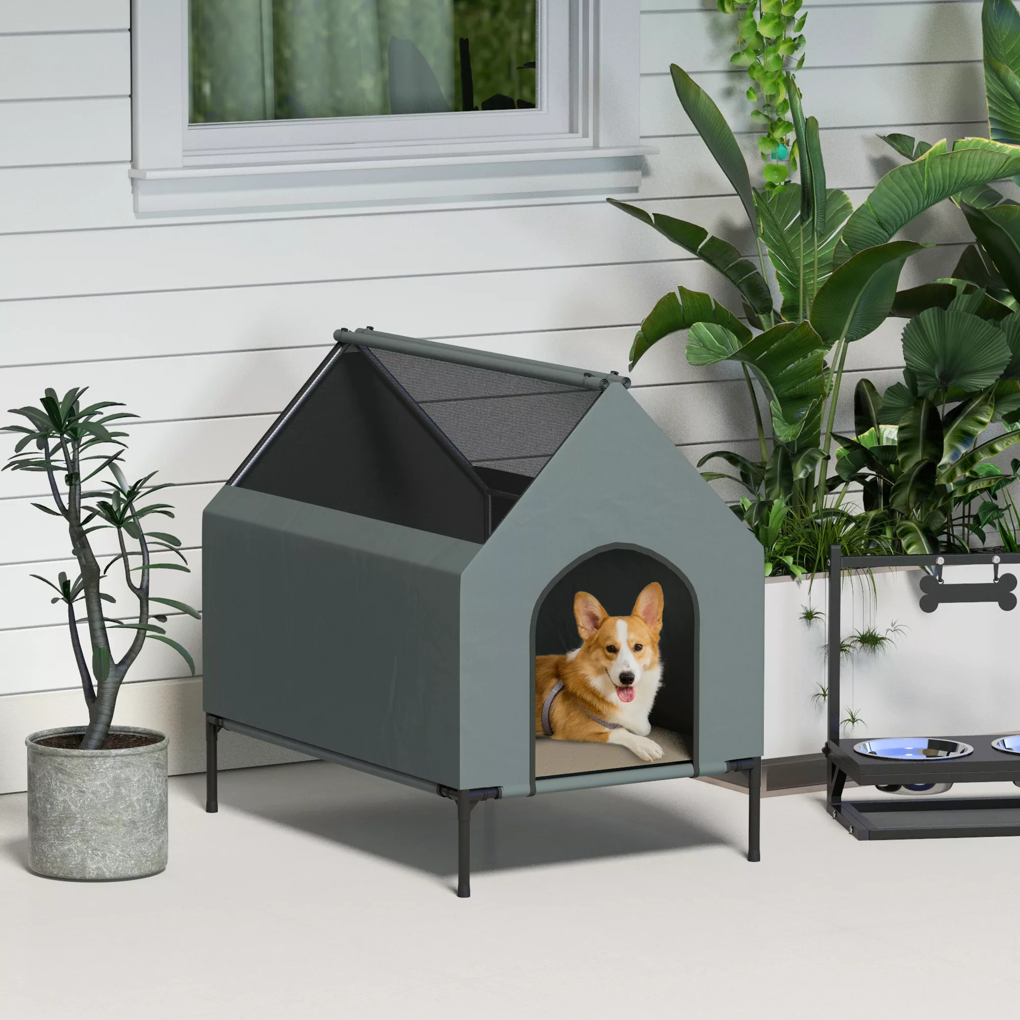 PawHut Hundehütte Hundehöhle Mesh-Fenster erhöhtes Hundebett abnehmbar Deck günstig online kaufen