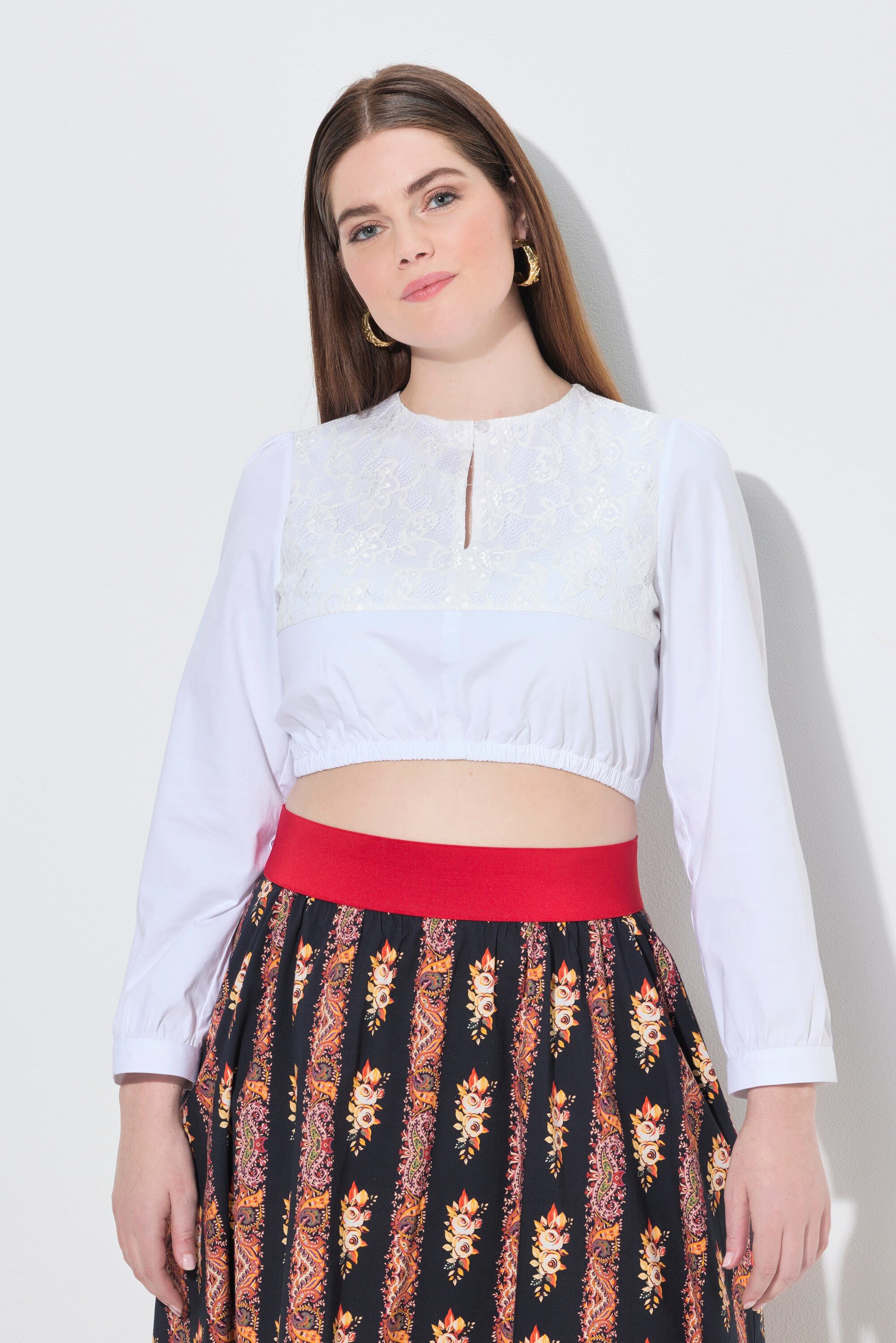 Ulla Popken Longbluse Dirndlbluse Spitze Rundhals günstig online kaufen