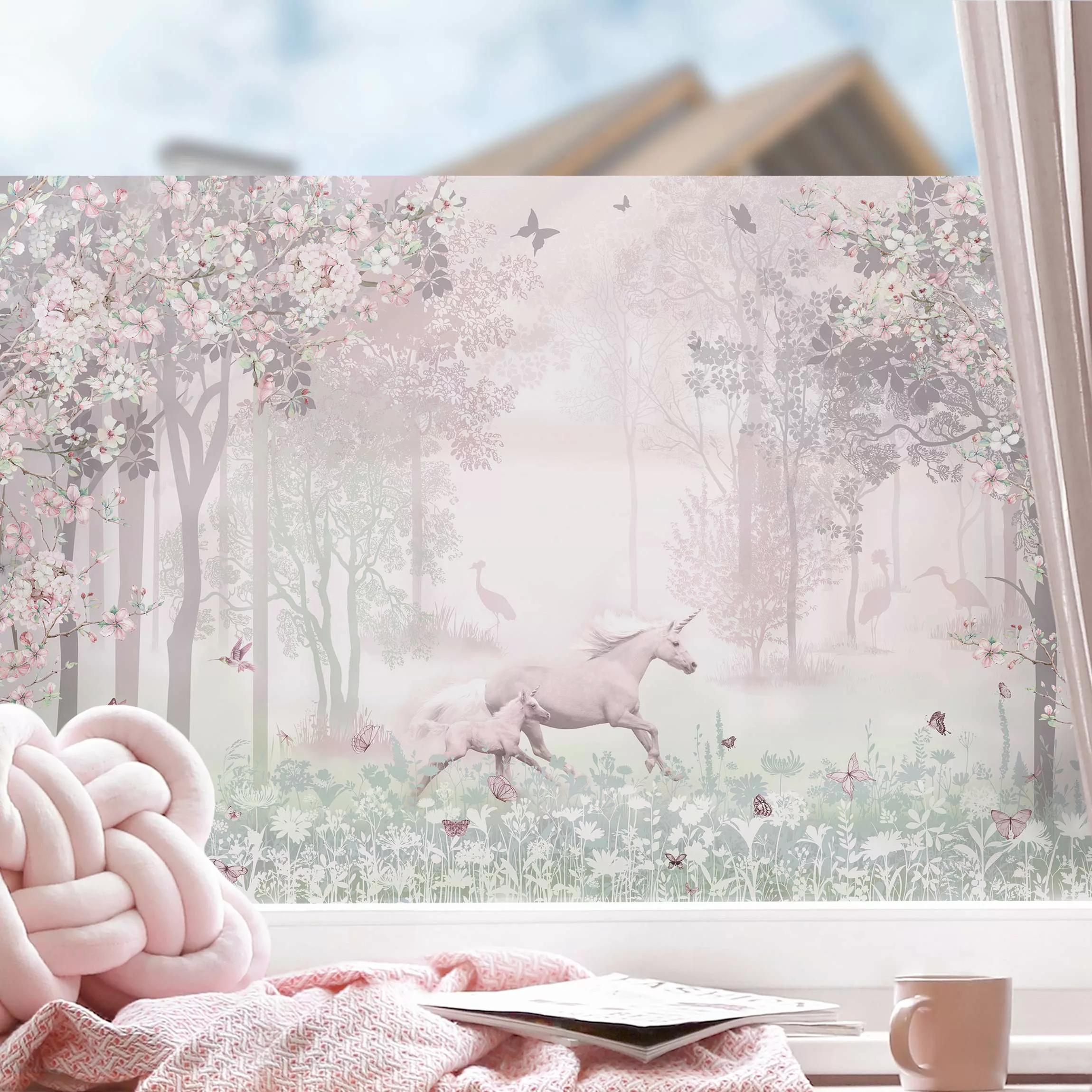 Fensterfolie Einhorn auf Blumenwiese in Rosa günstig online kaufen