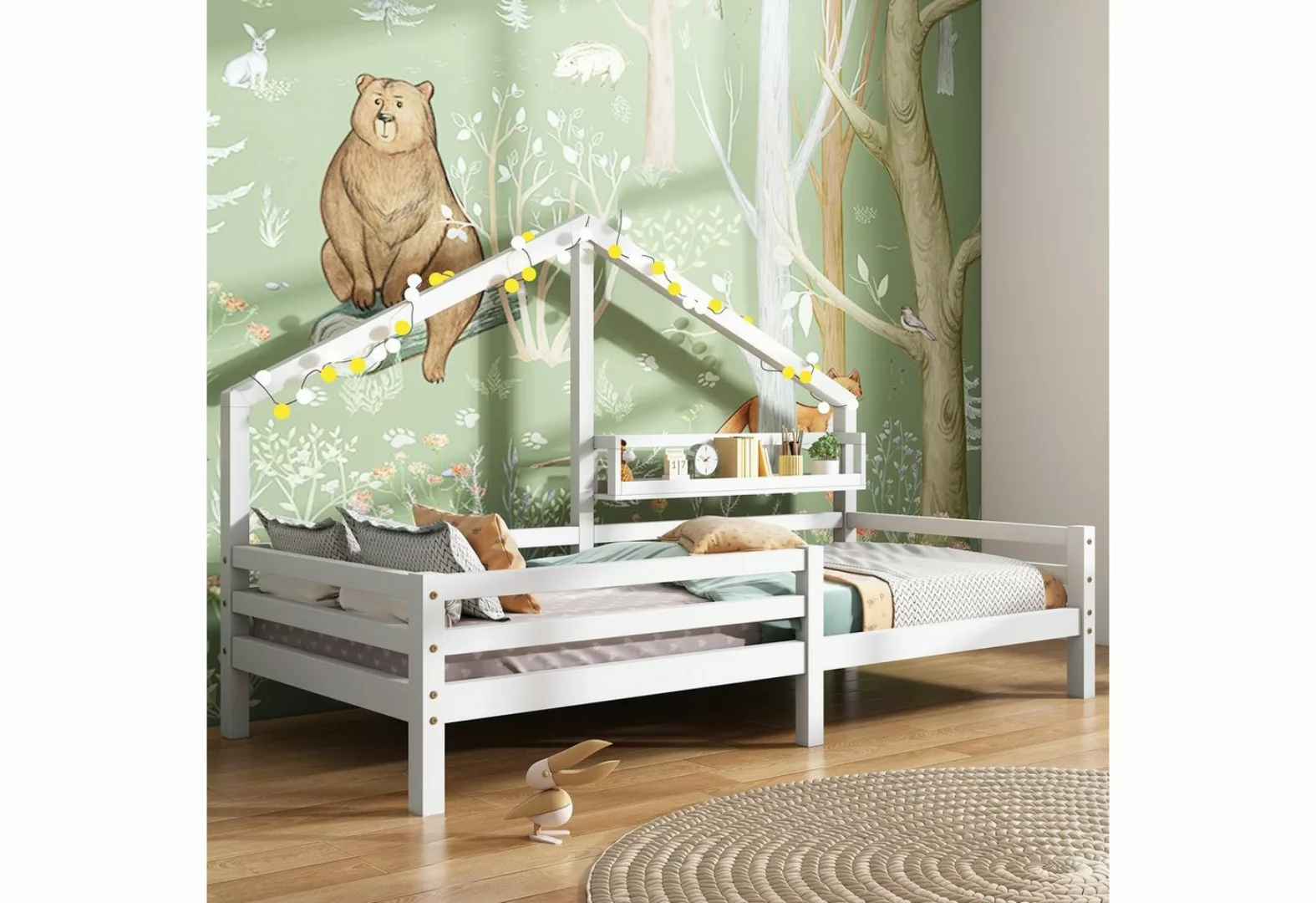 Flieks Kinderbett, Massivholz Einzelbett Hausbett mit Ablageregal 90x200cm günstig online kaufen