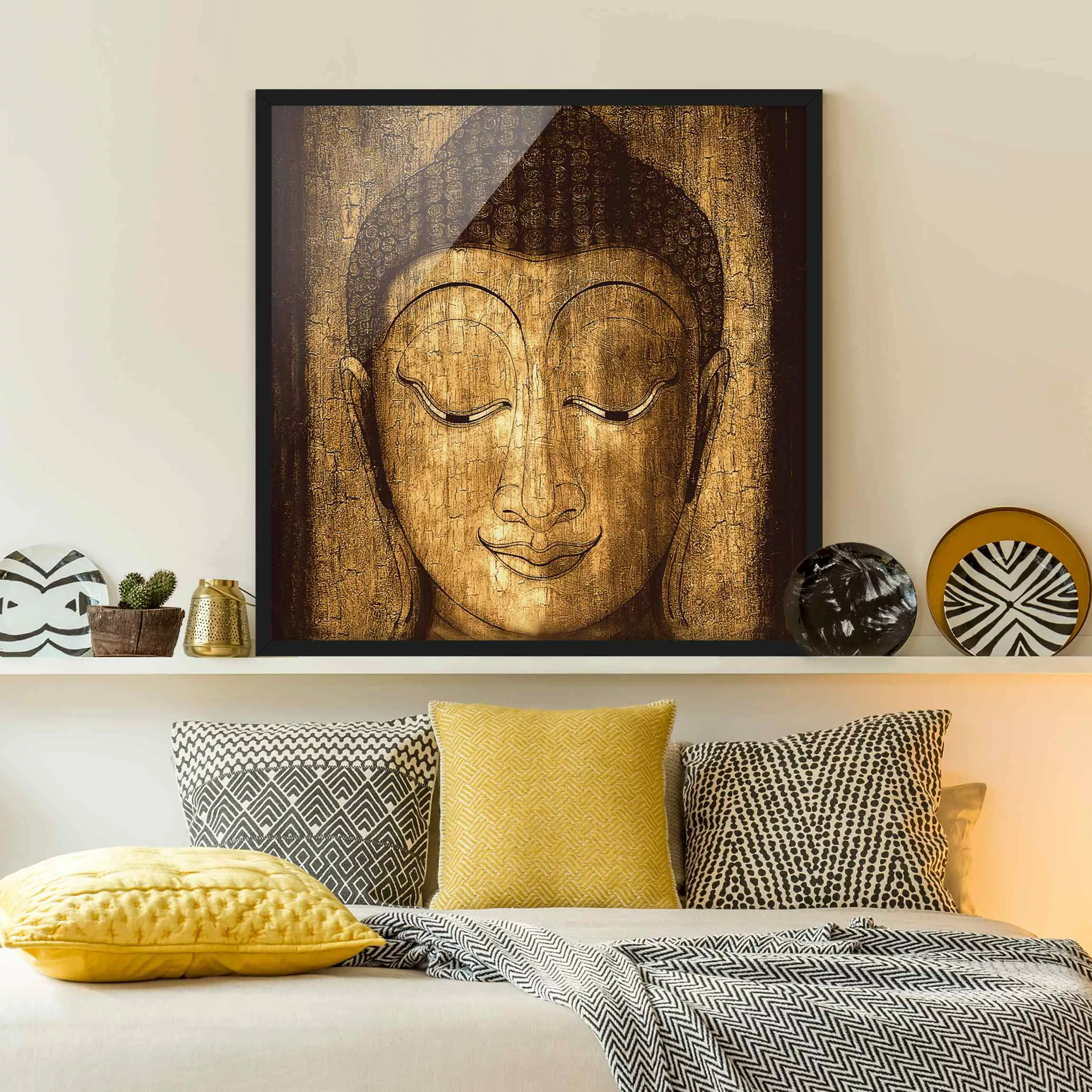 Bild mit Rahmen Kunstdruck - Quadrat Smiling Buddha günstig online kaufen