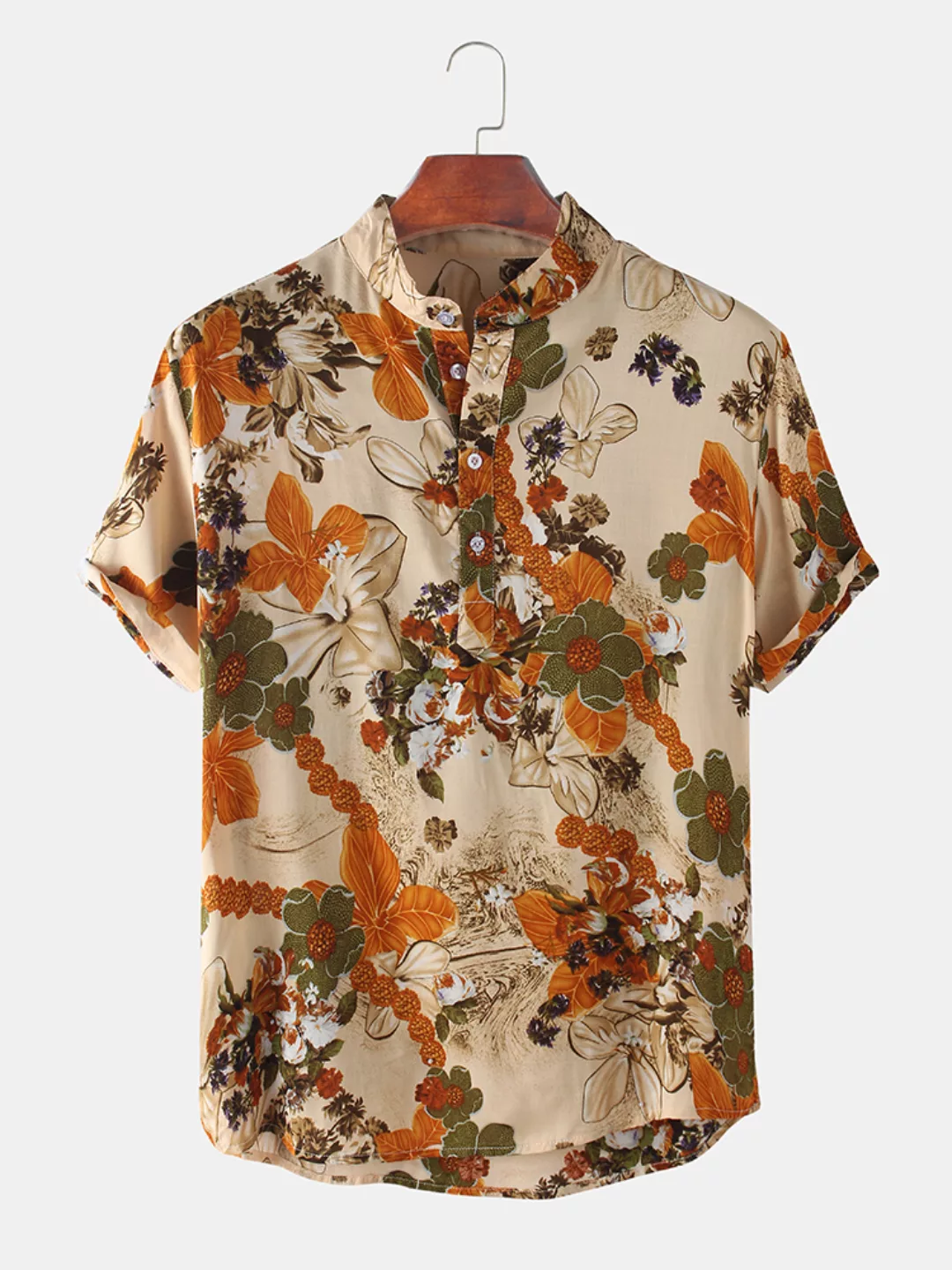 Herren Blumendruck Stehkragen Lässig Kurzarm Henley Shirts günstig online kaufen