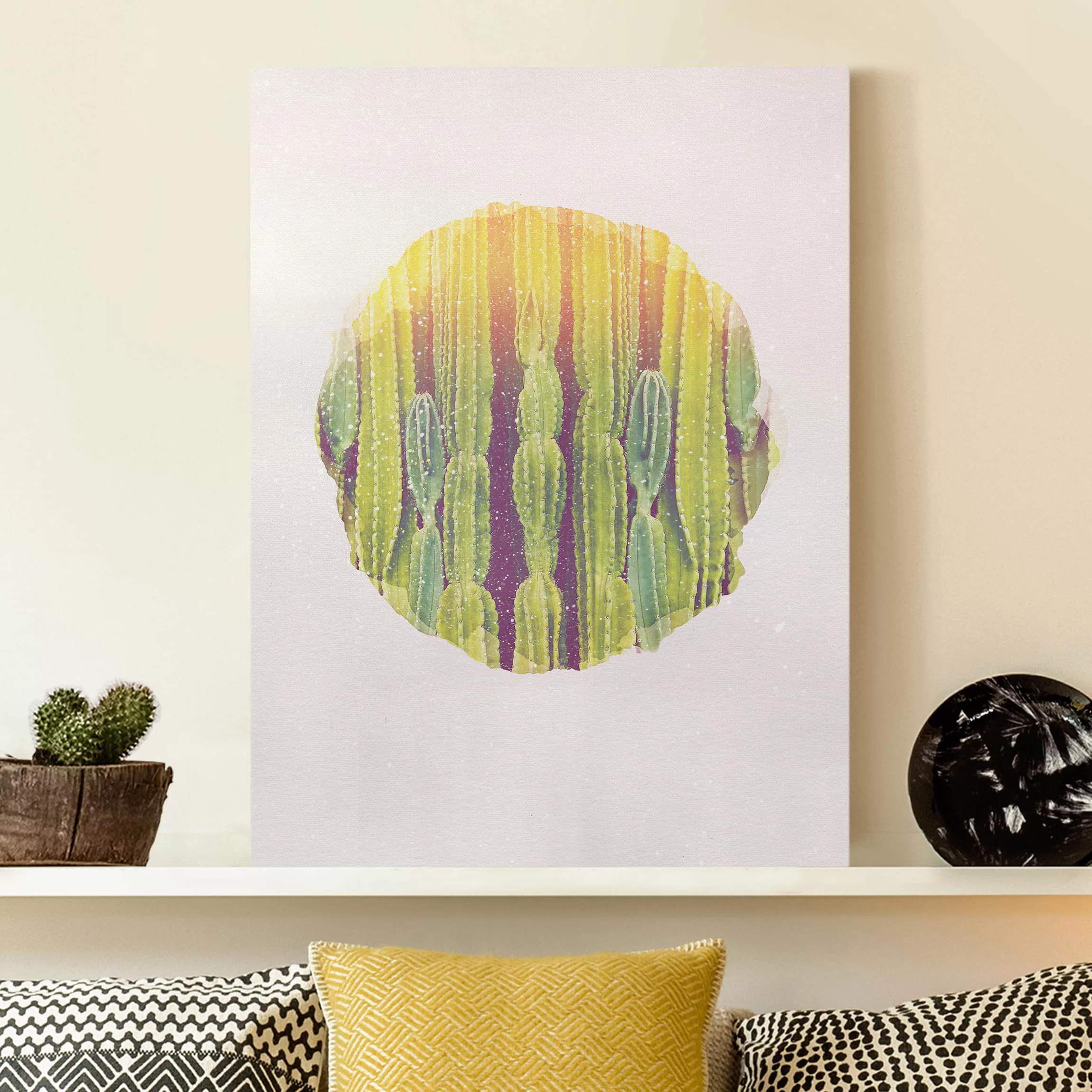 Leinwandbild Blumen - Hochformat Wasserfarben - Kaktus Wand günstig online kaufen