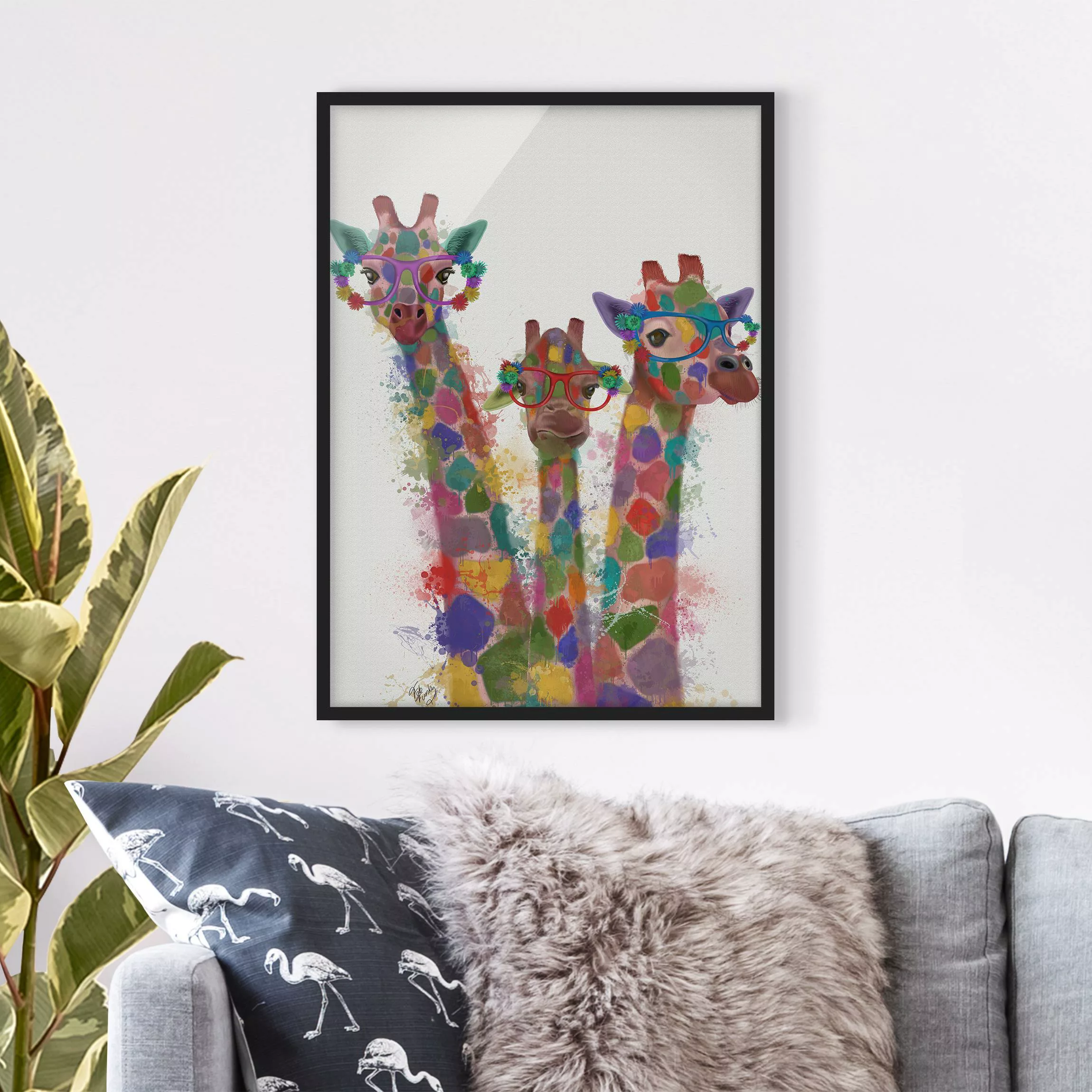 Bild mit Rahmen Kinderzimmer - Hochformat Regenbogen Splash Giraffen-Trio günstig online kaufen