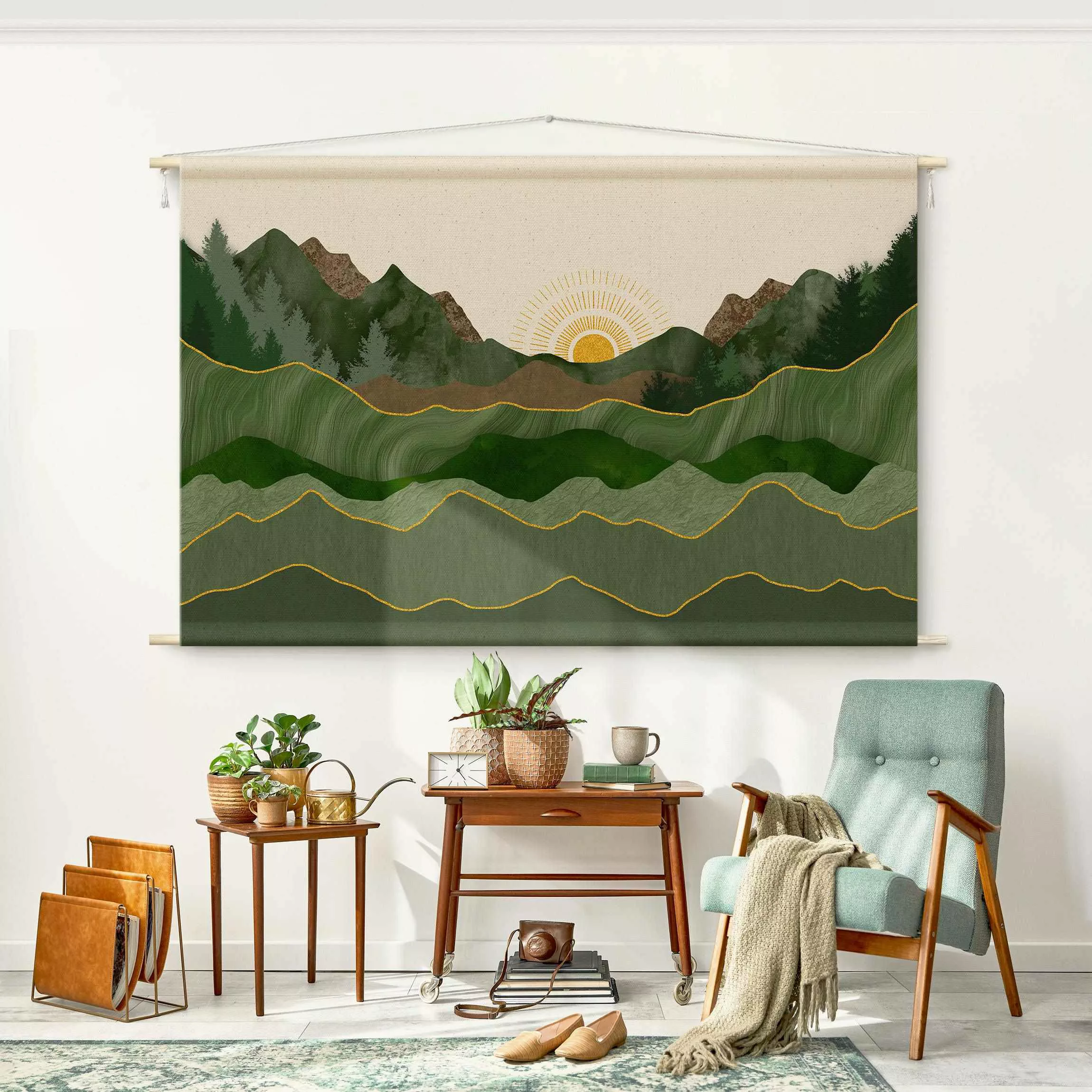 Wandteppich Grafische Landschaft mit Sonne günstig online kaufen