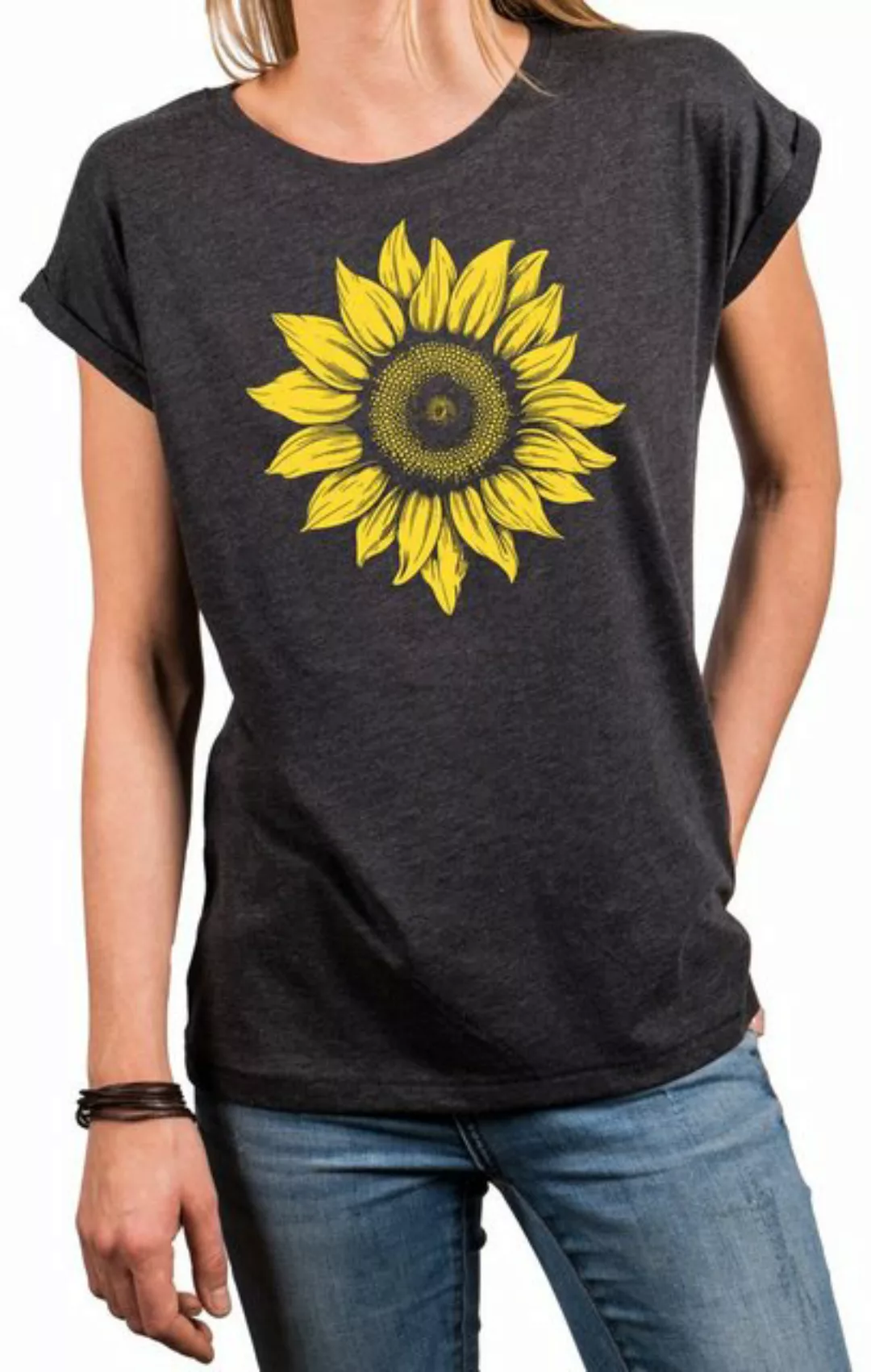 MAKAYA Print-Shirt Damen Blumenpint Sonnenblume Blumen Motiv Blumenmuster S günstig online kaufen