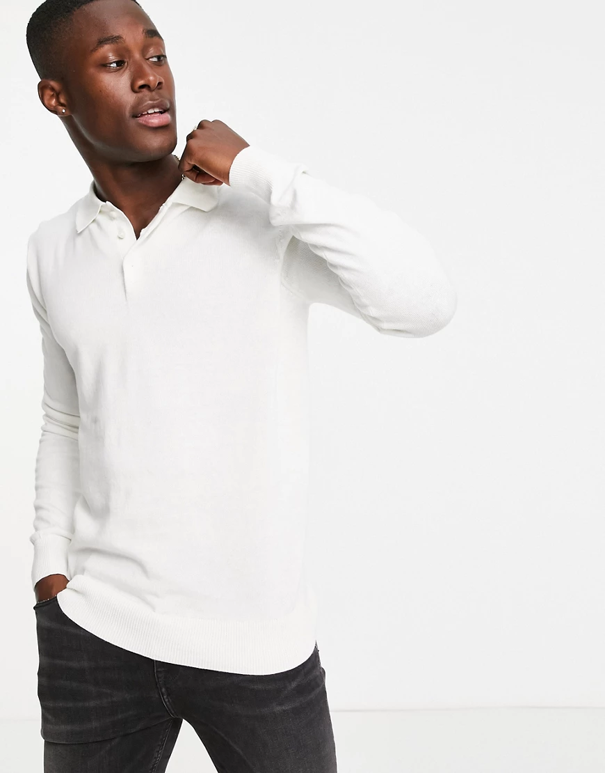 Brave Soul – Langärmliges Strick-Polohemd aus Baumwolle in Ecru-Weiß günstig online kaufen