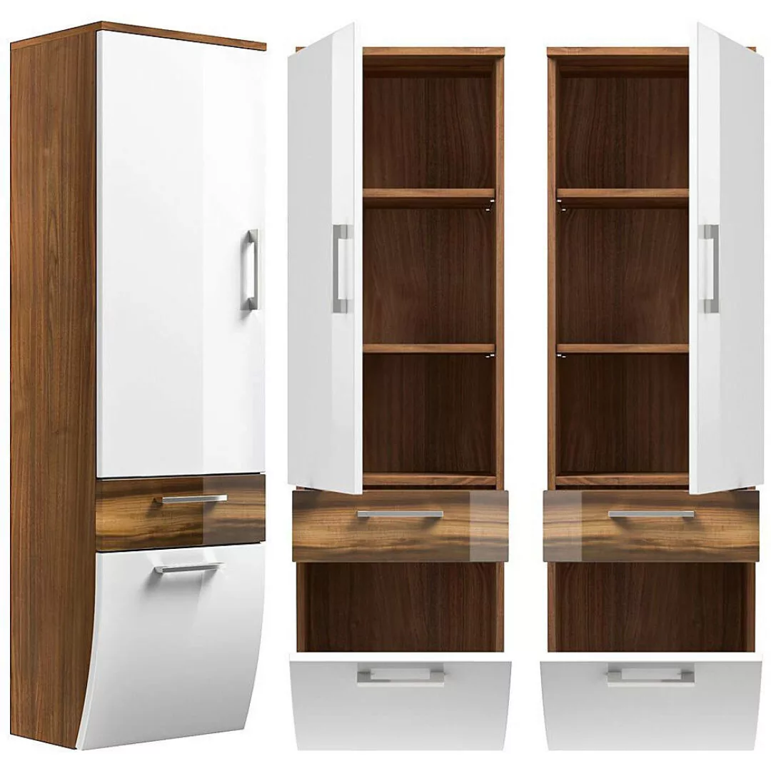 Badmöbel Hochschrank RIMAO-100 Hochglanz weiß, Walnuss Nb., B x H x T ca.: günstig online kaufen