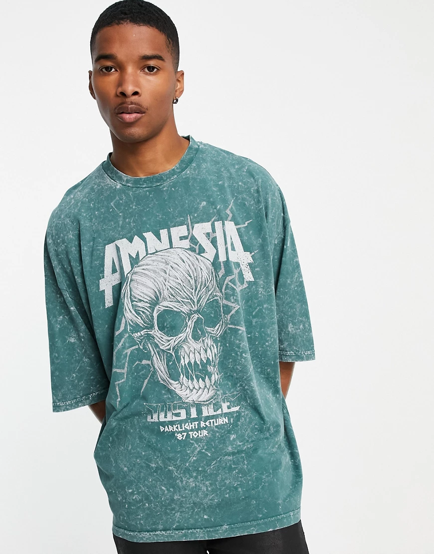 ASOS DESIGN – Oversized-T-Shirt in grüner Acid-Waschung mit Totenkopfprint günstig online kaufen