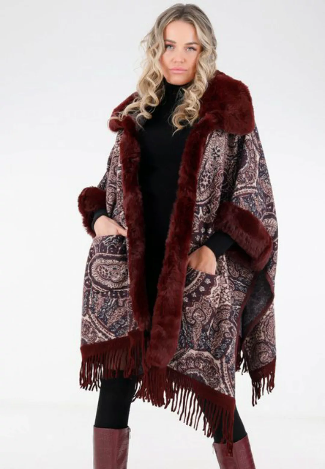 YC Fashion & Style Poncho Capemantel mit Kunstfell-Besatz mit Kapuze günstig online kaufen