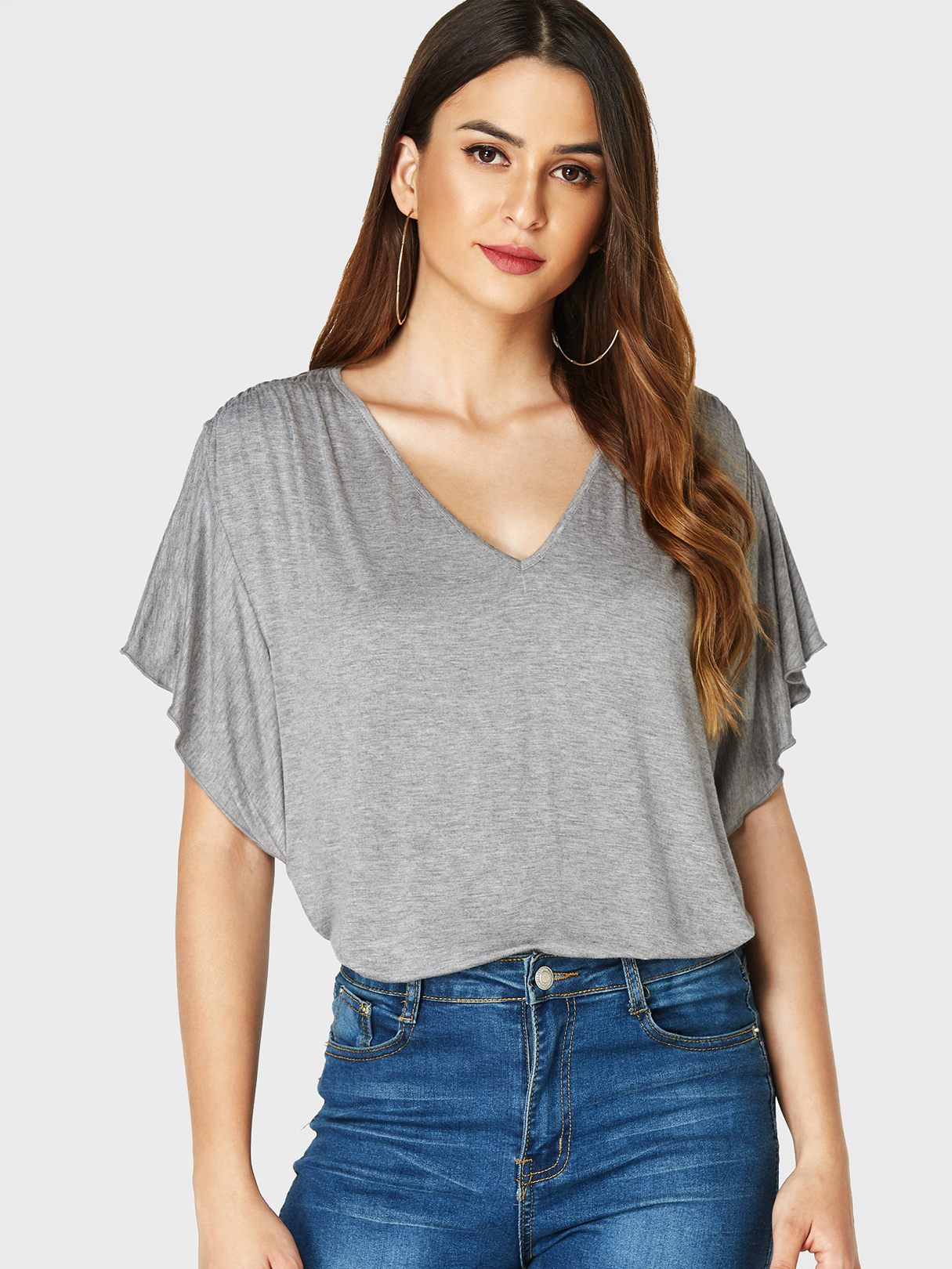 YOINS Graues T-Shirt mit Rüschenärmeln und V-Ausschnitt günstig online kaufen