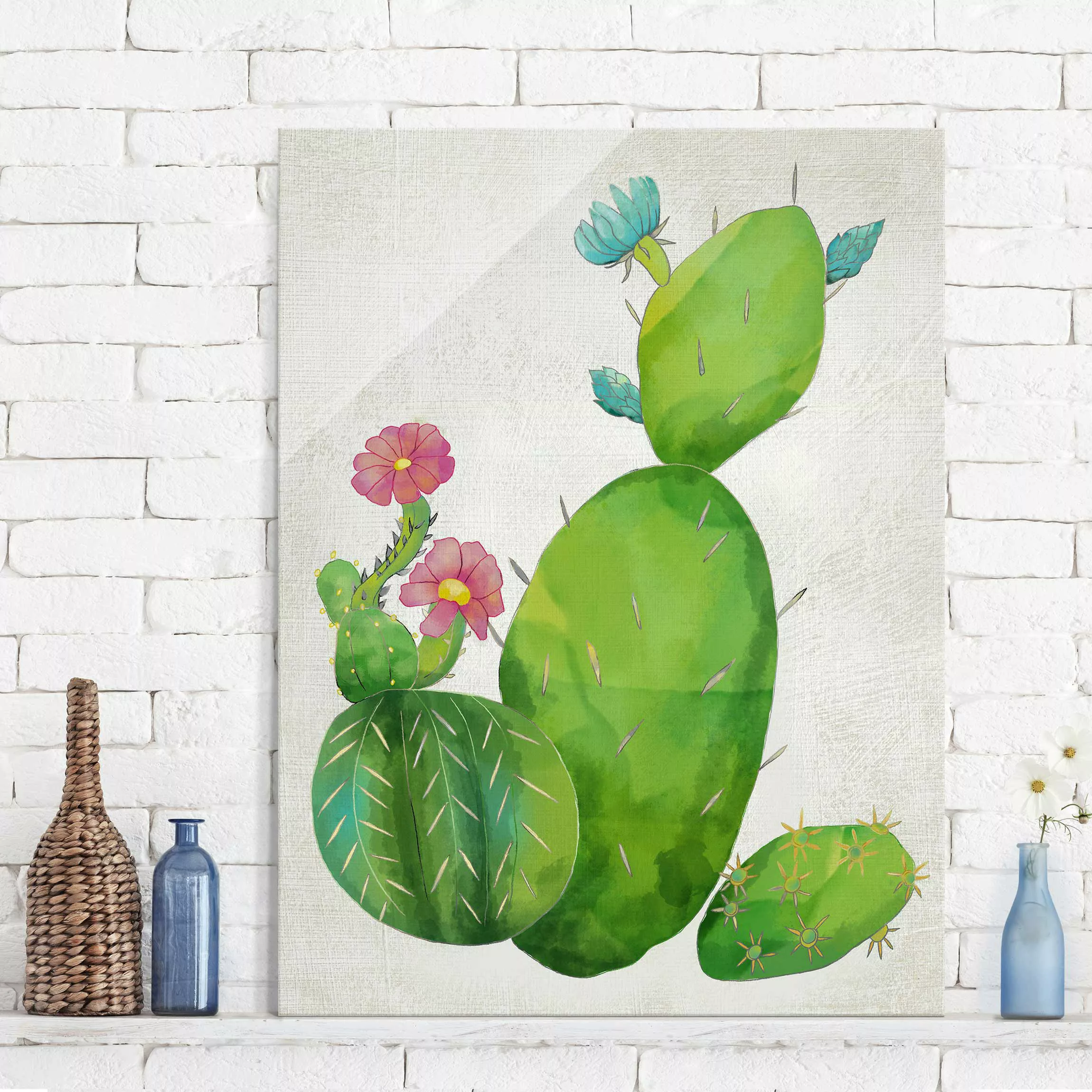 Glasbild Botanik - Hochformat Kaktusfamilie rosa türkis günstig online kaufen