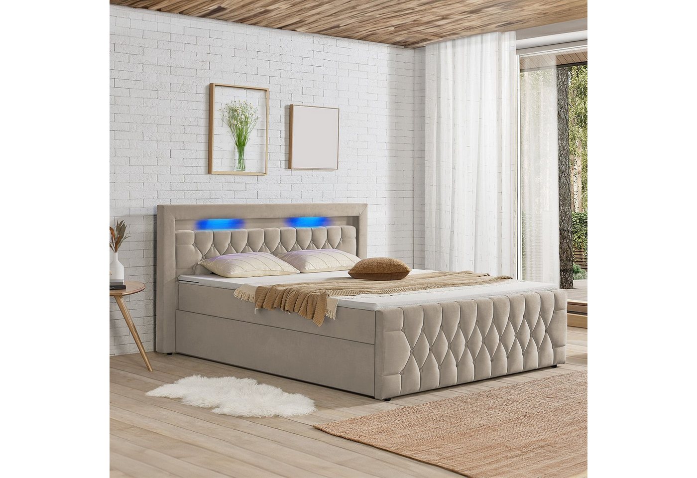 Juskys Polsterbett Leona, 180x200 cm, Boxspringbett-Optik, Samt-Bezug, LED- günstig online kaufen