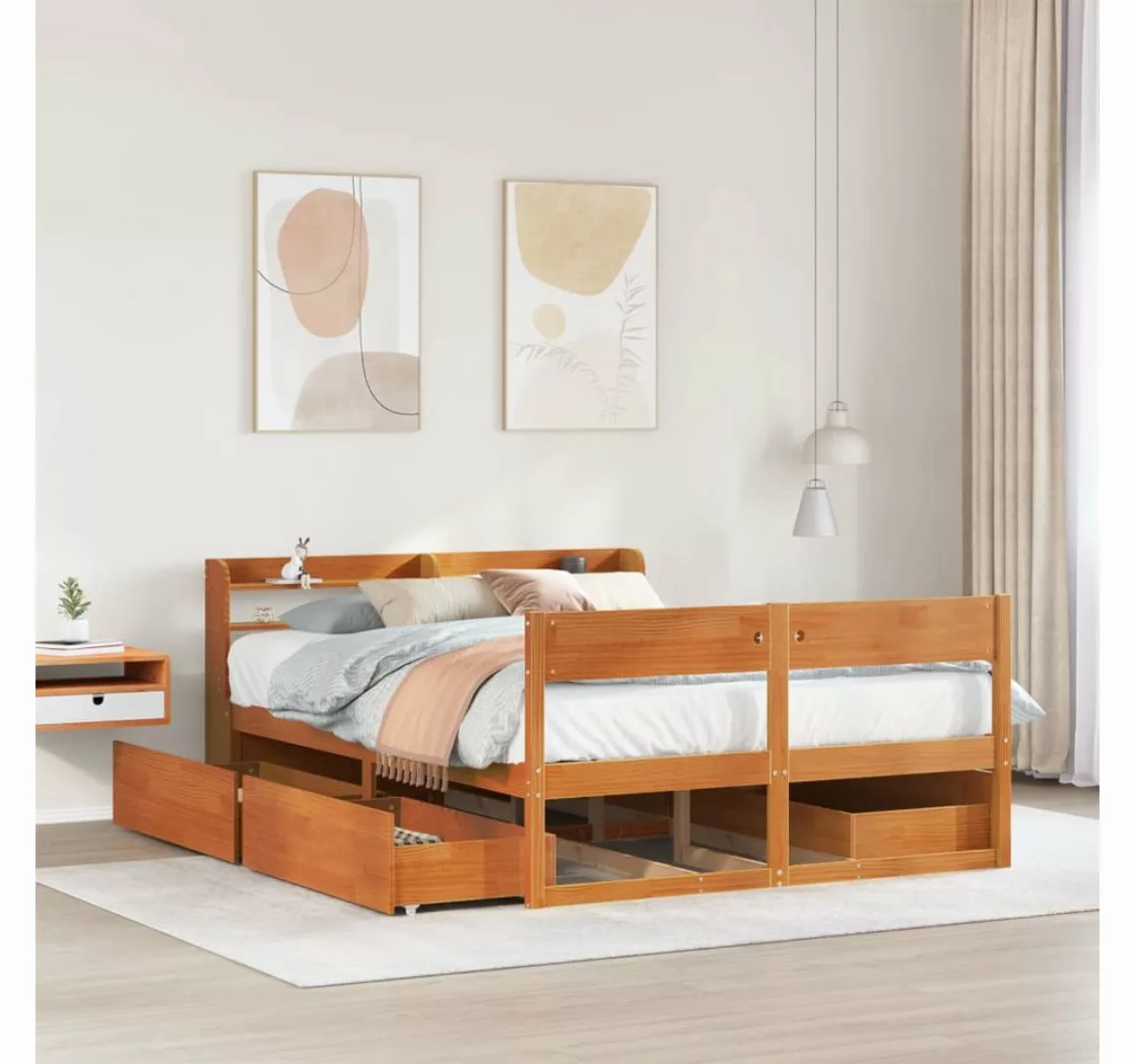 vidaXL Bett, Massivholzbett ohne Matratze Wachsbraun 135x190 cm Kiefernholz günstig online kaufen