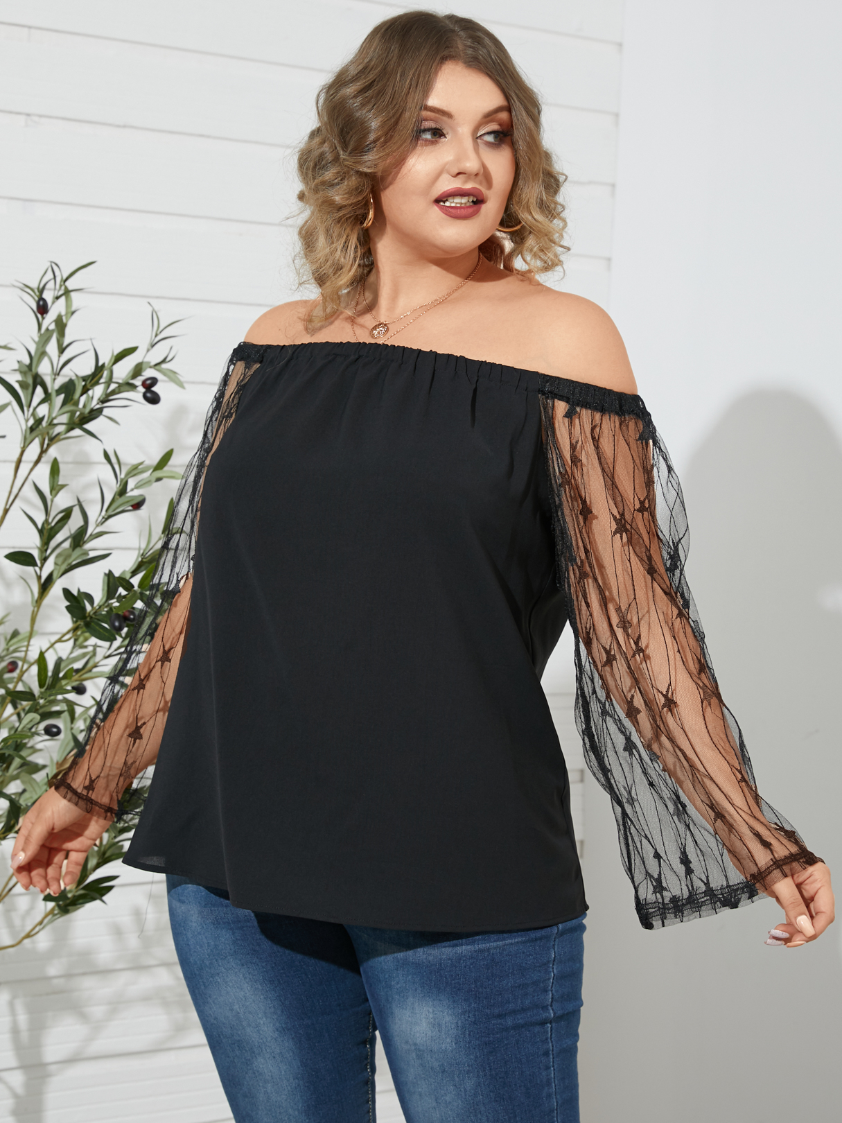 YOINS Plus Größe Schulterfrei Rückenfreies Design Spitze Langarm Bluse günstig online kaufen