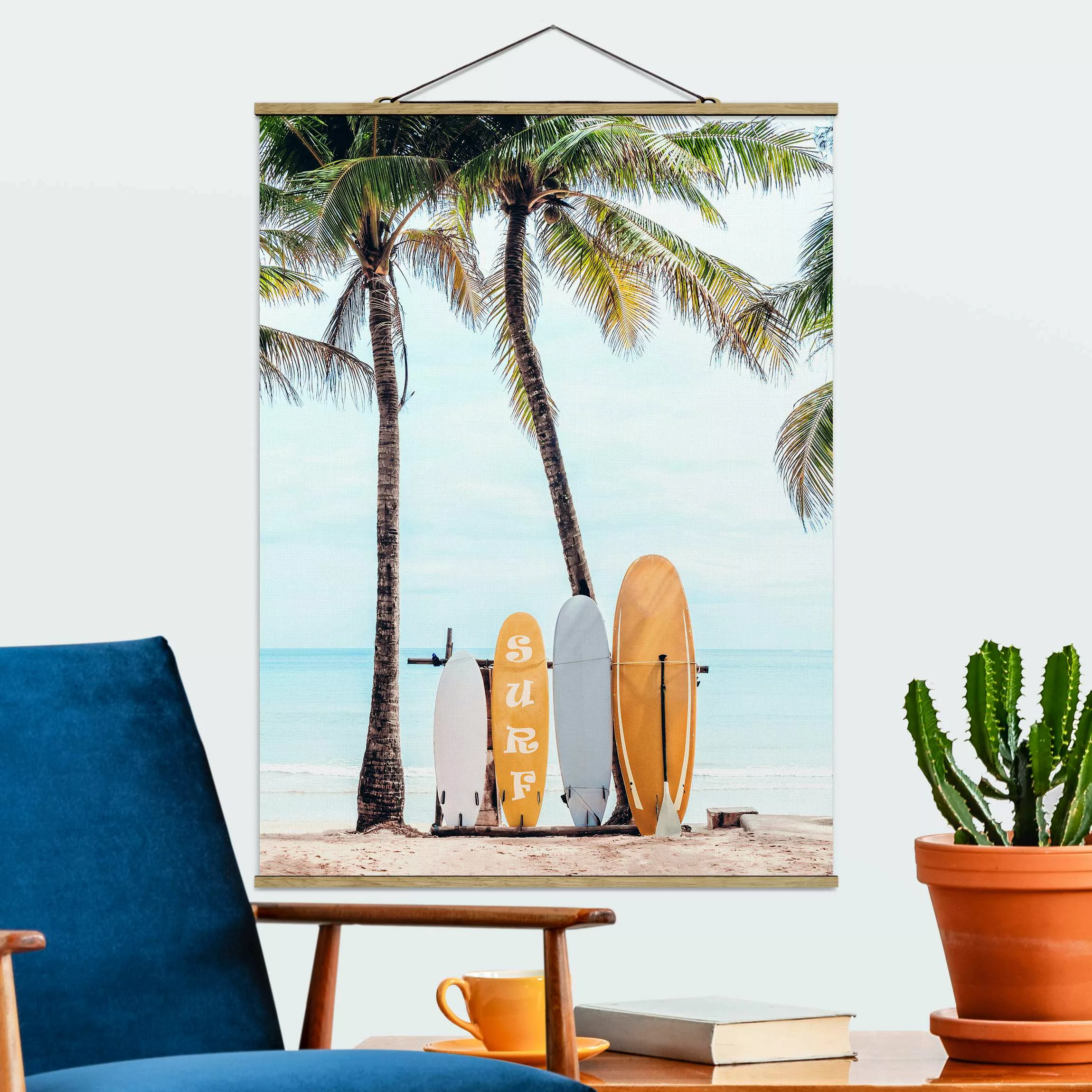 Stoffbild mit Posterleisten Gelbe Surfboards unter Palmen günstig online kaufen
