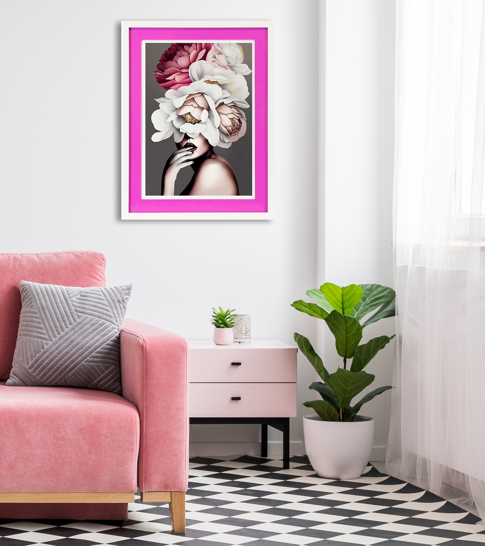 queence Bild mit Rahmen »Frau mit Hut aus Blumen«, Bilder von Frauen-Blumen günstig online kaufen