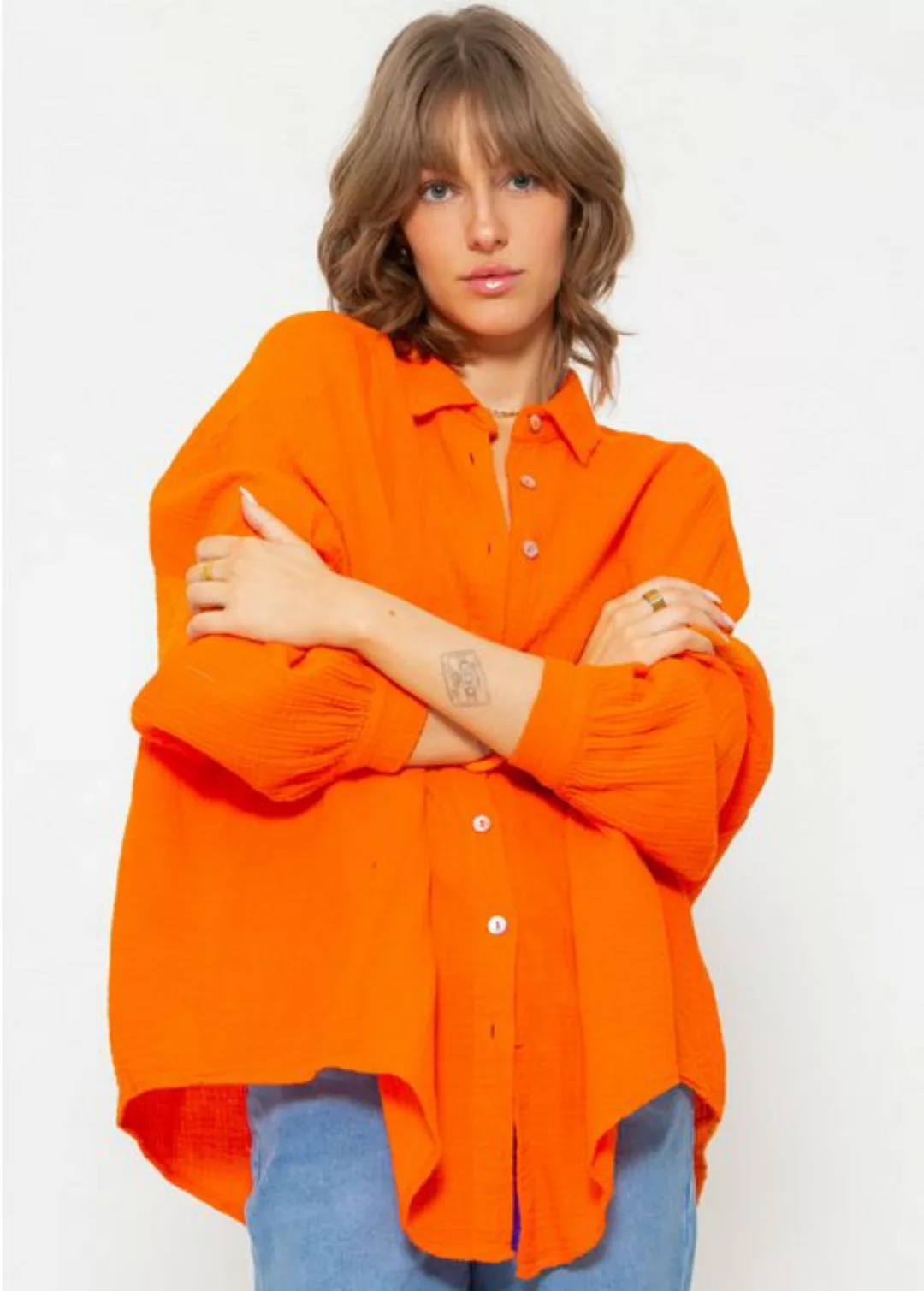 SASSYCLASSY Longbluse Oversize Musselin Bluse Damen Langarm Elegant Hemdblu günstig online kaufen