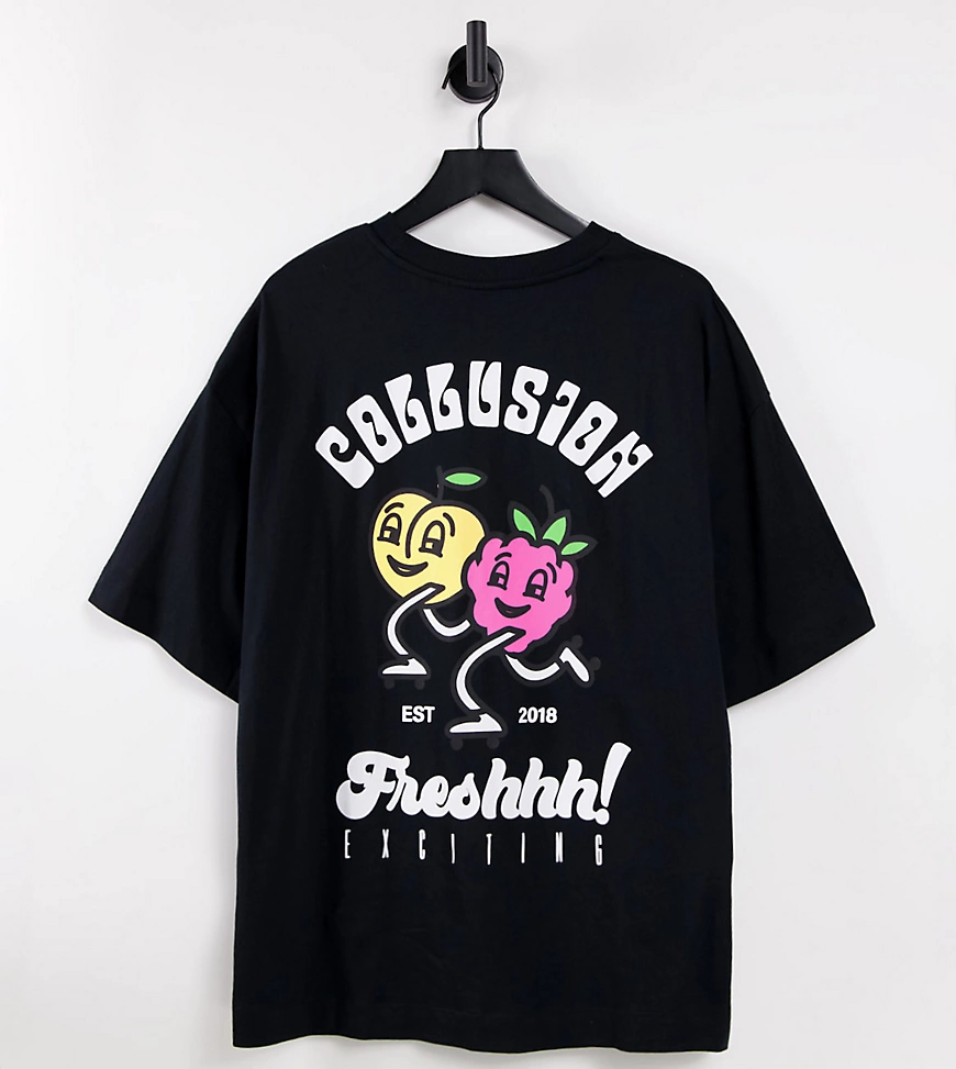 COLLUSION – Oversize-T-Shirt in Schwarz mit Cartoon-Früchteprint günstig online kaufen
