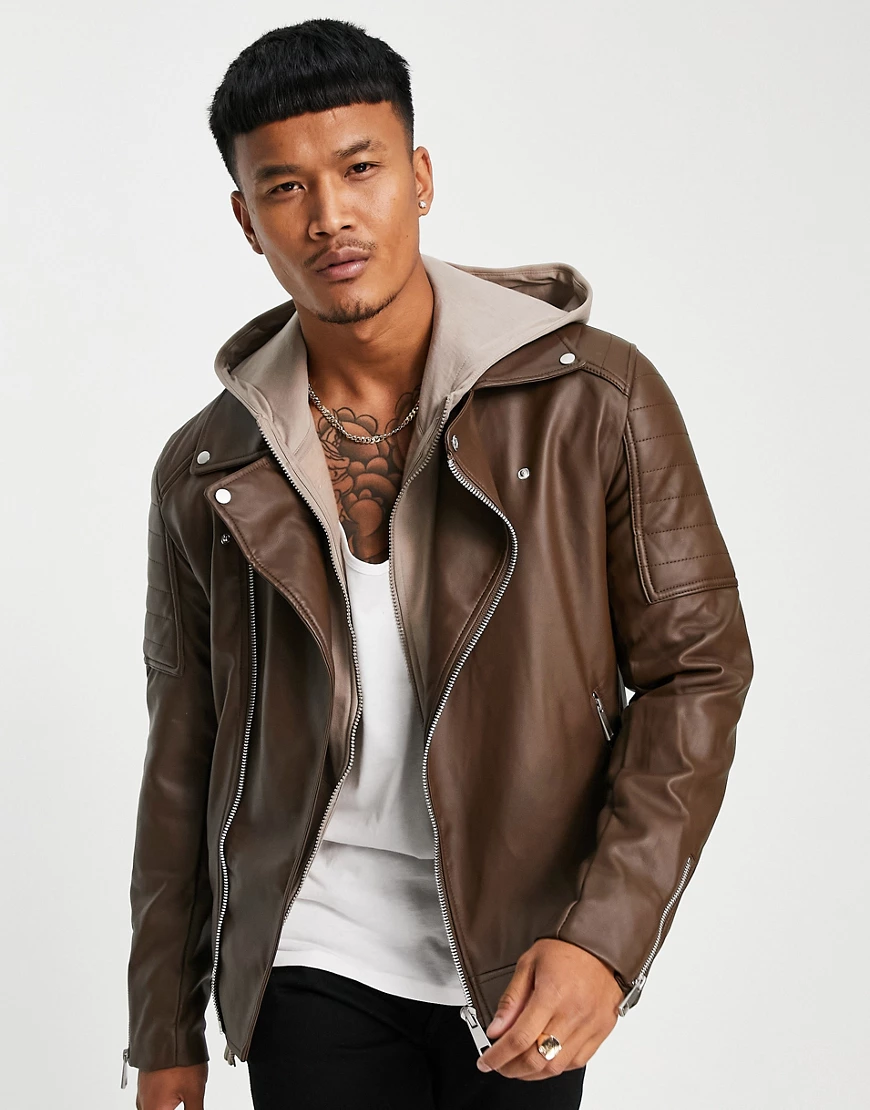 ASOS DESIGN – Braune Bikerjacke aus Kunstleder günstig online kaufen