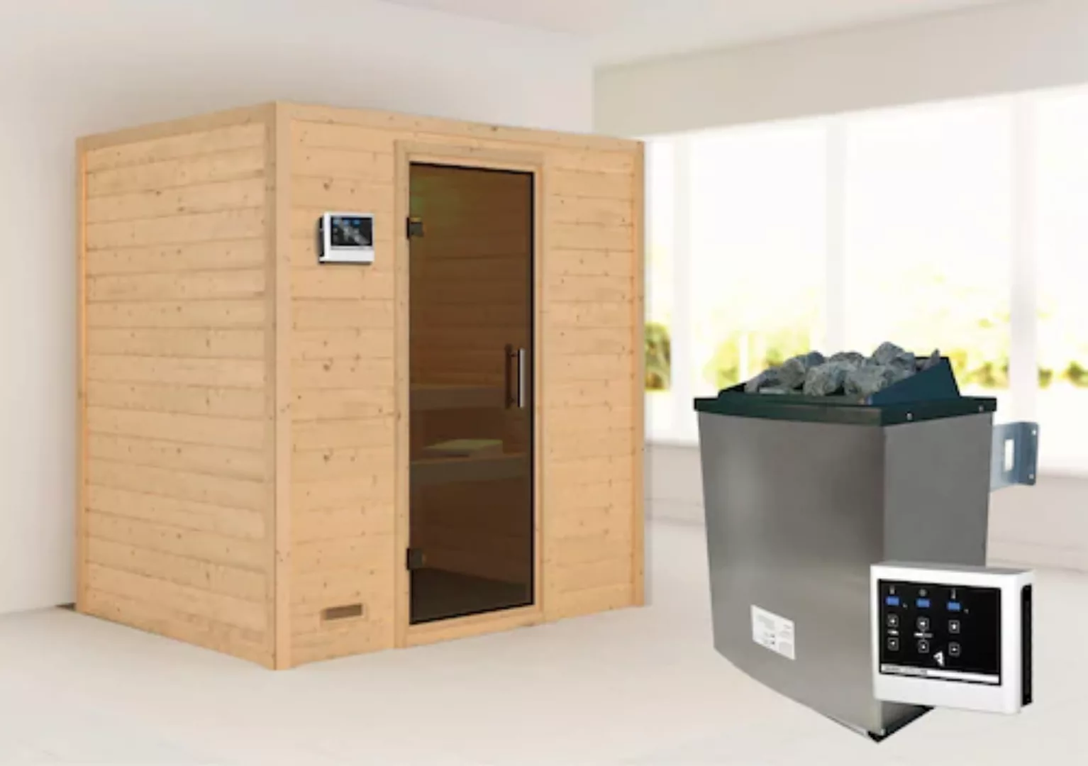 Karibu Sauna »"Sonja" mit graphitfarbener Tür Ofen 9 KW externe Strg modern günstig online kaufen