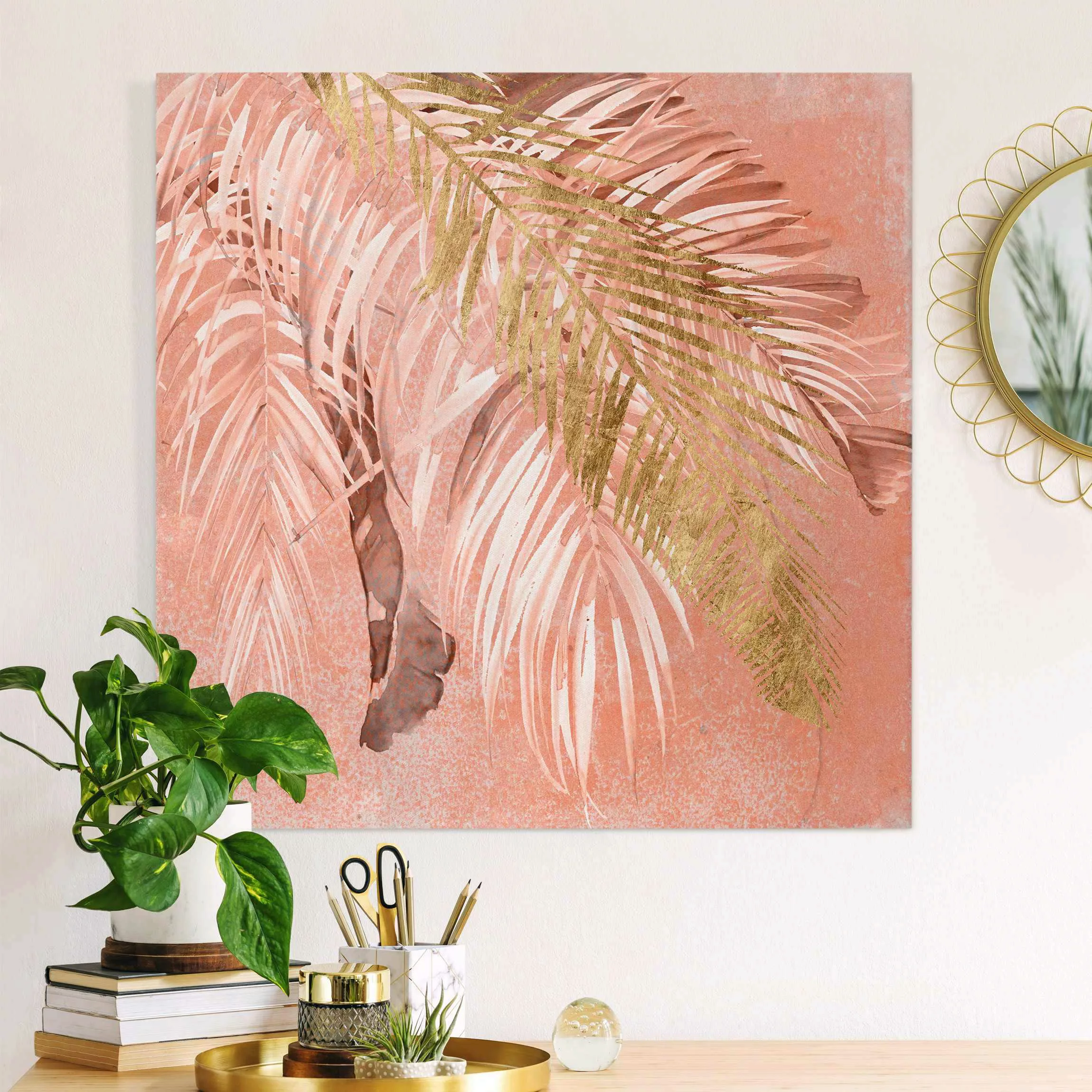 Leinwandbild Palmenblätter Rosa und Gold II günstig online kaufen