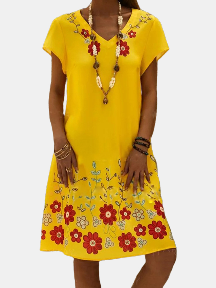 Kurzarm-V-Ausschnitt mit Blumendruck, lässig Kleid günstig online kaufen